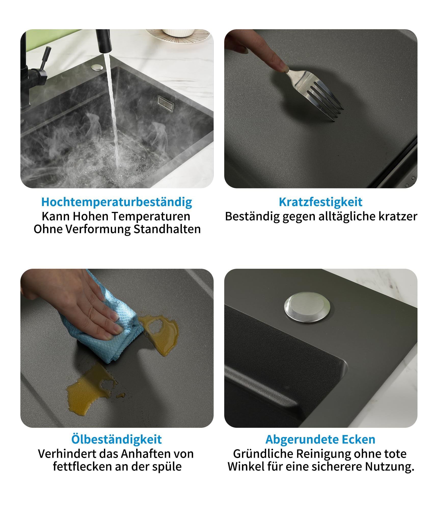 Evier Cuisine 1 Bac Noir 70 × 45 cm,Evier Inox 1 Bac,2 Trous Pour Robinets,Ensemble Comprenant Une CréPine,Un Bac De DéCongéLation,Un Panier De Vidange Et Un Siphon