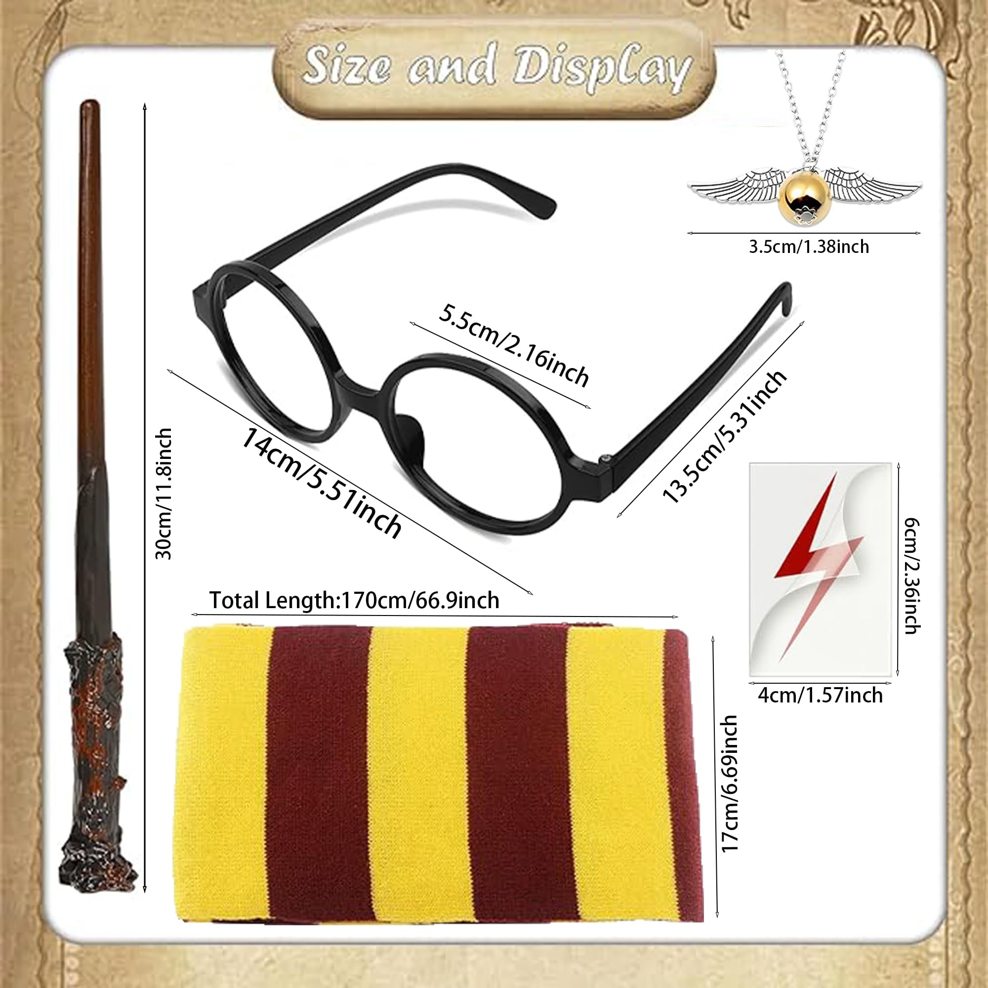 UAVAUI Wizard Costume Set, 6 PCS Cosplay Accessories Magic Wand and Glasses Knitted Scarf - Image 2