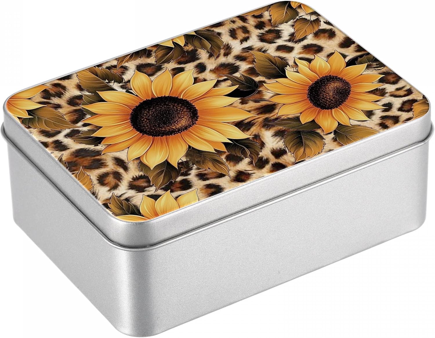 Rectangular Metal Tin Box with Lid, 4.92" x 3.54" x 1.9" Durable Small Metal Storage Container, Reusable Tinplate Organizer Box for Crafts, Candy, Keys, Gifts & DIY – Leopard Sunflower