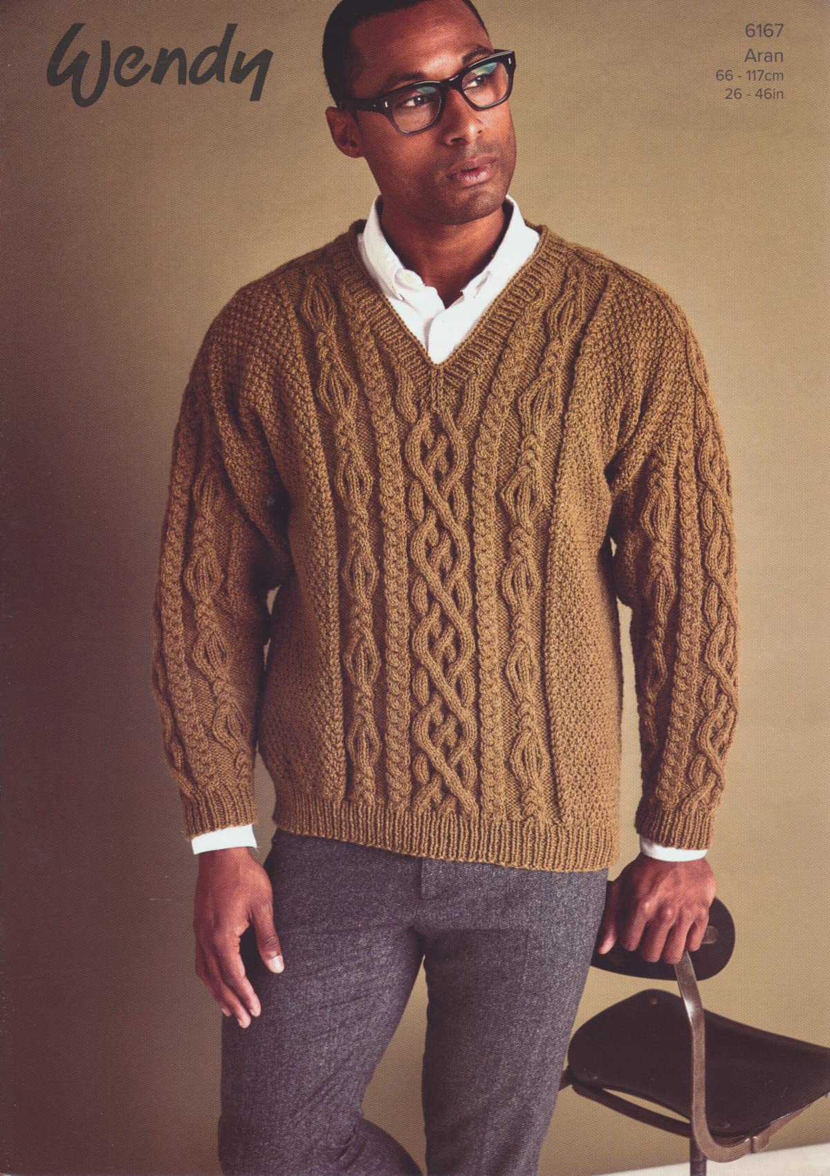 Wendy Men's Khaki Aran Knitting Pattern For Cable Knit V Neck Sweater Jumper (6167)