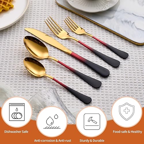 Miniatura 4 de Juego de cubiertos de 20 piezas, negro, rojo y dorado 180 para 4, incluye cuchillo de cena, tenedores de cena, cucharas de cena, tenedores de
