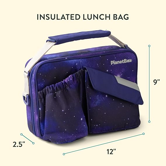 PlanetBox Launch Stainless Steel Bento Box Style Lunch Box Kit for Kids and Teens with 3 Compartments Stardust Edition includes Insulated Lunch Bag, Leakproof Food Containers and Matching Magnets