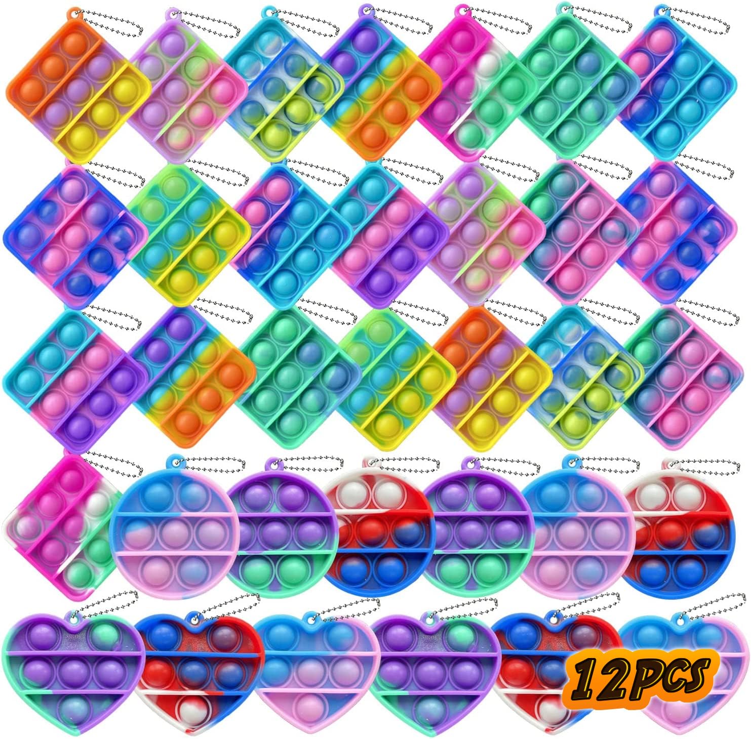 NUENUN 12pcs Mini Pop Fidget Toys Pack Push Bubble Pop Keychain Toy, Anxiety Stress Relief Simple Hand Toys, Silicone Squeeze Sensory Toys Christmas Decoration Gift for Kids Adults