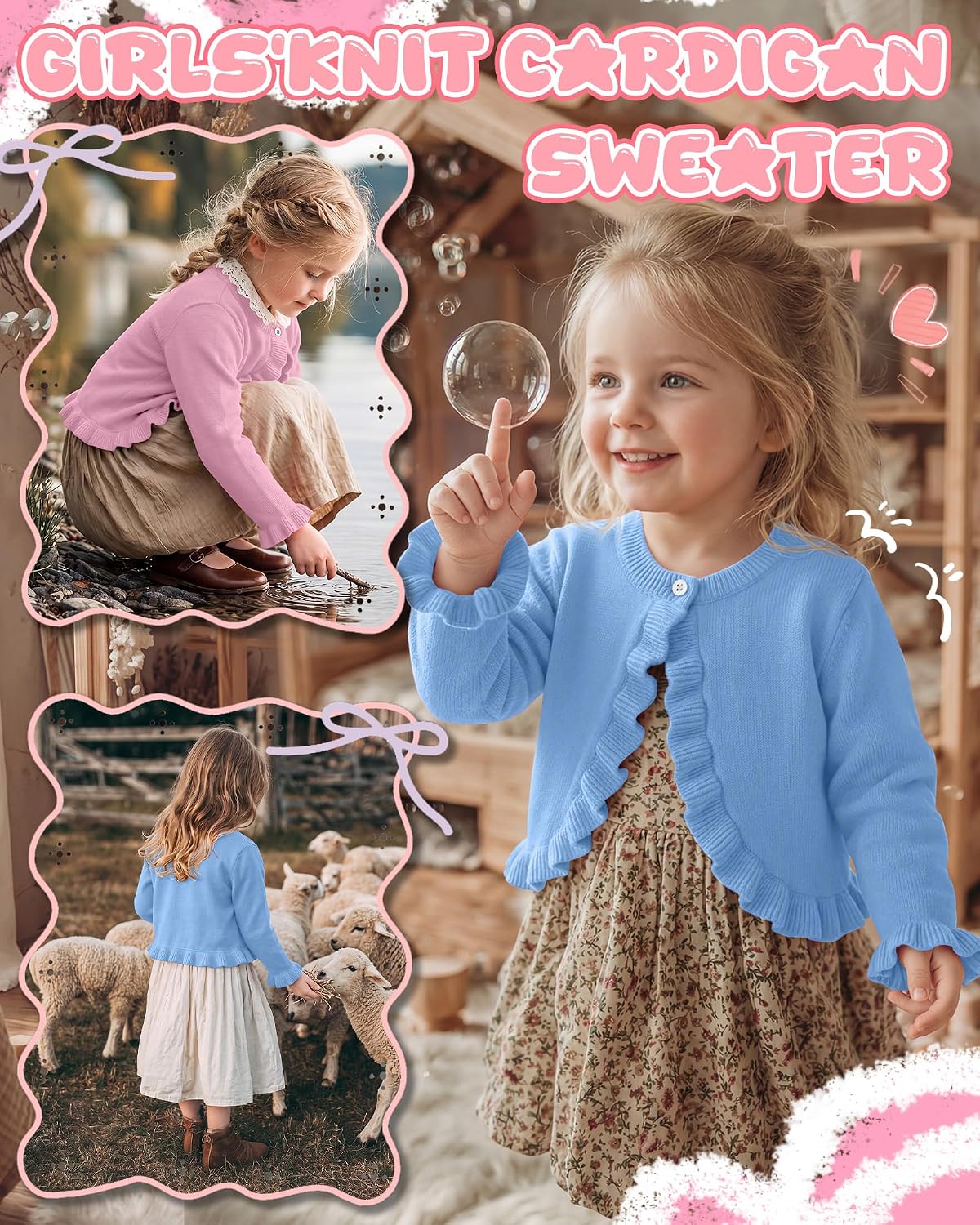 2 Pack Toddler Girls Cardigan Sweater Long Sleeve Bolero Shrugs Ruffle Trim Button Cropped Tops for Baby 18m-5t