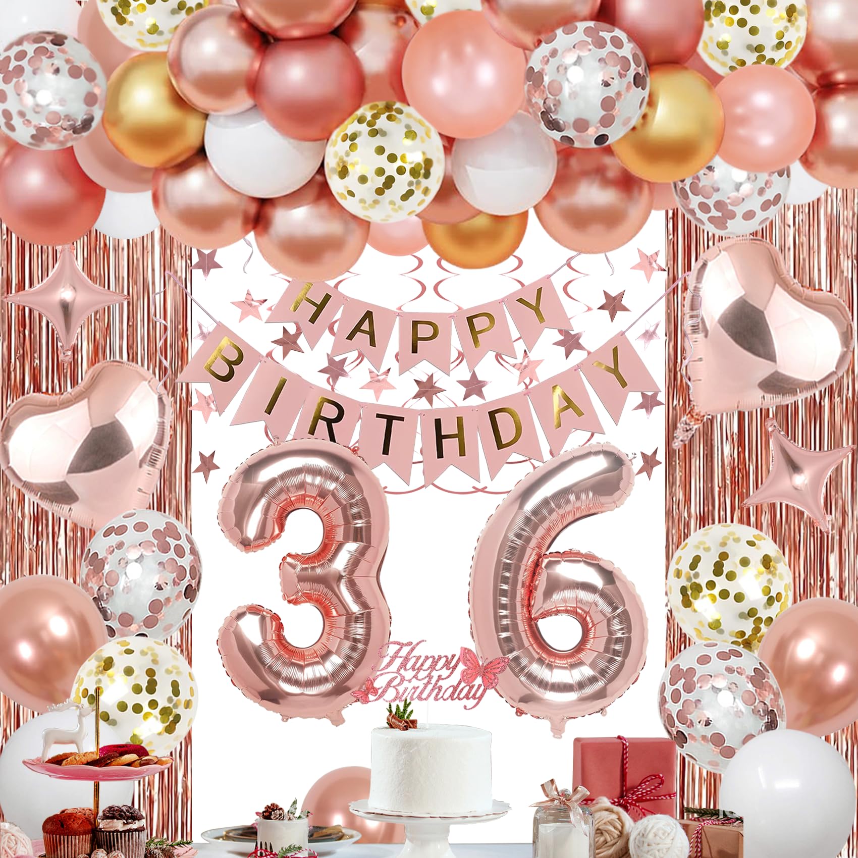 NANINUNENO 36th Rose Gold Birthday Party Decorations for Women, Rose Gold Happy Birthday Banner, Fringe Curtains, Heart Foil Balloons, Confetti