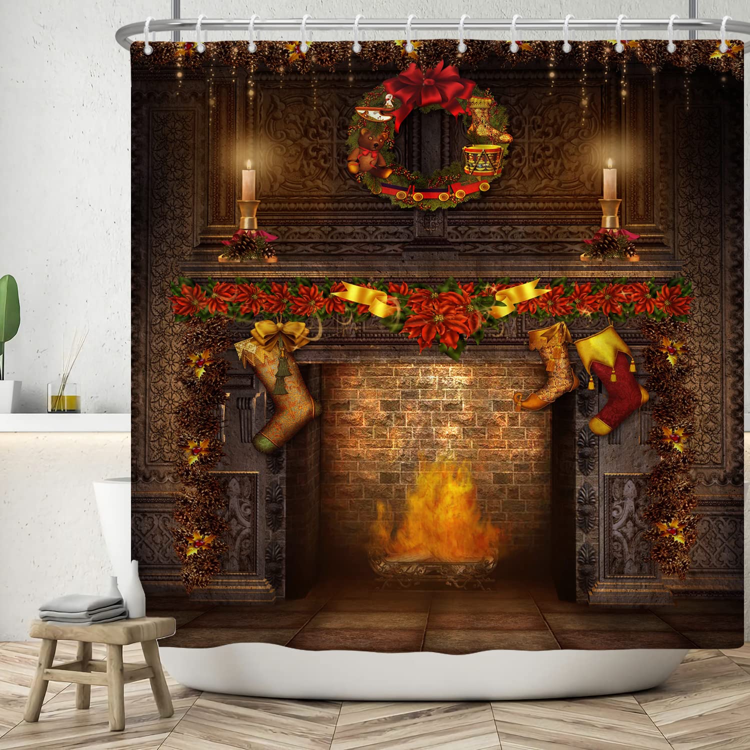 SDOTPMT 122x183cm Christmas Fireplace Shower Curtain Merry Christmas Exquisite Socks Gift Bath Curtain Vintage Brown Brick Wall Winter Holiday Curtain for Bathroom Fabric Polyester with Hooks - Image 2