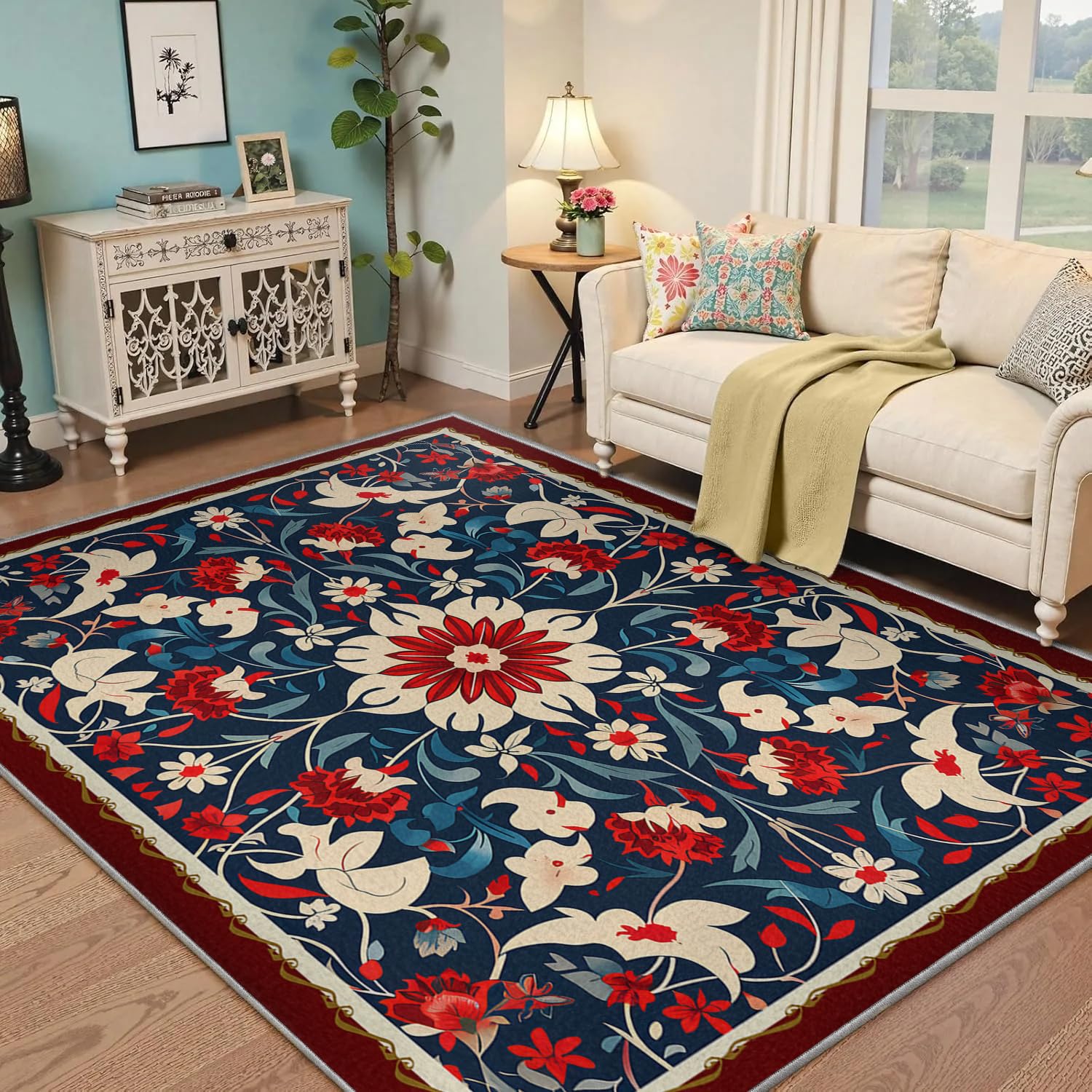 Tapis rétro de Salon Tapis Grands Doux lavables Fleurs Style bohème intérieur résistant Taches Moquette pour Chambre sous Table Cuisine décoration Bureau 180x240cm