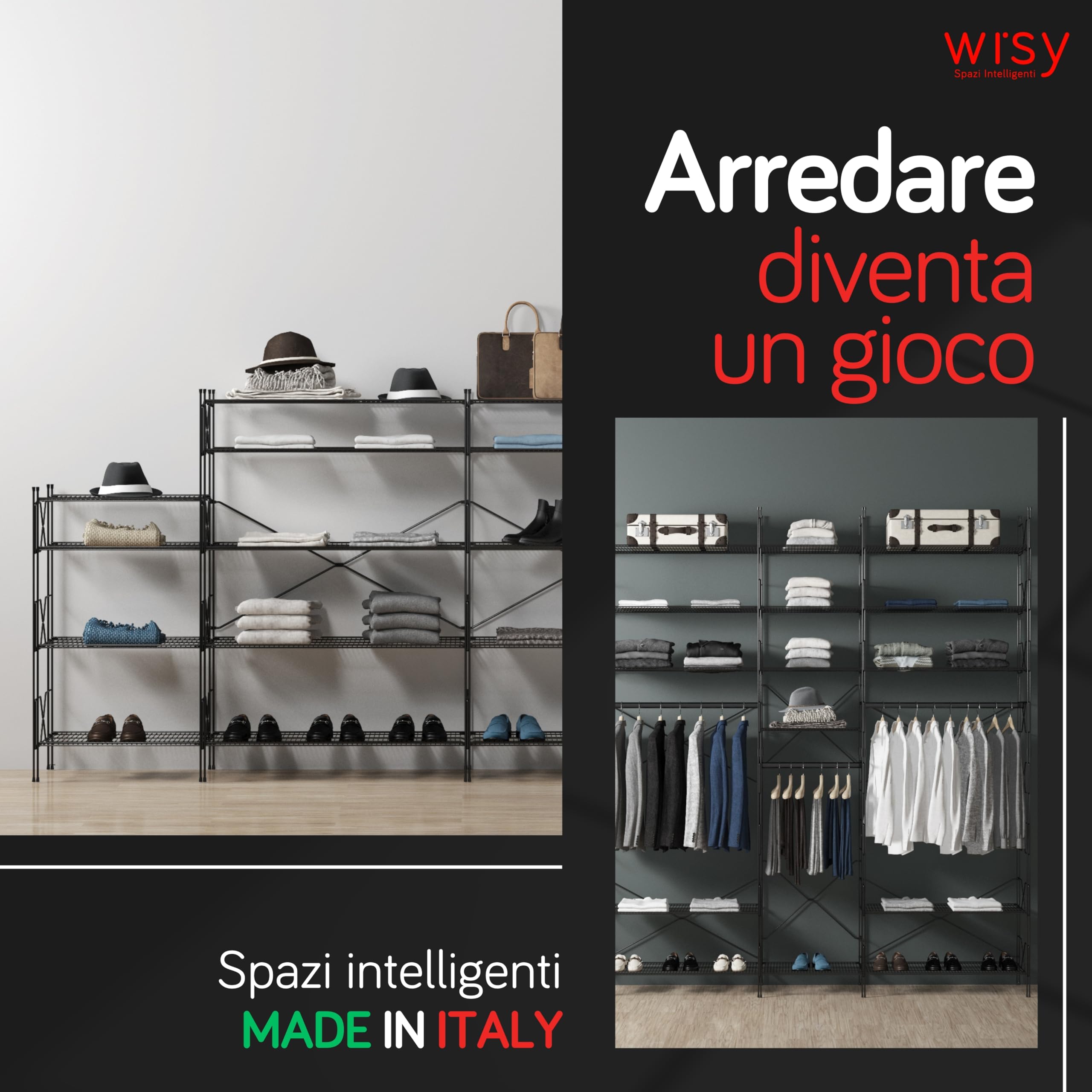Wisy Scaffalatura Metallo 90x50x40 cm Modulo Aggiuntivo per Scaffale Metallo Garage, Scaffale Ufficio Modulare in Filo Metallico con Sistema di Aggancio Brevettato Made in Italy (90x50 cm)