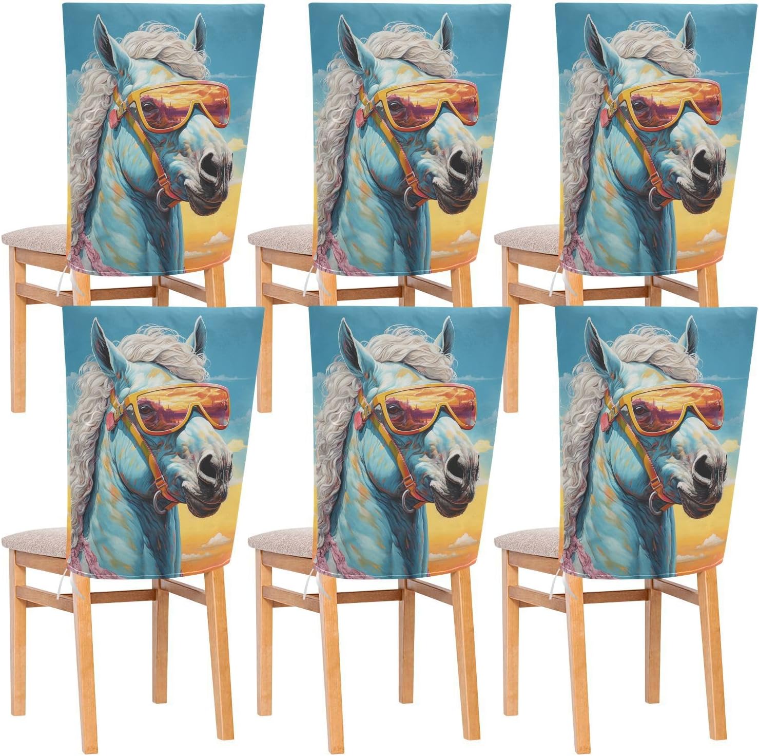 ALAZA Cool Horse Chair Back Cover Set of 6, Washable Reusable Removable Chair Slipcovers Decorative Chair Cover for Home Kitchen Wedding Party