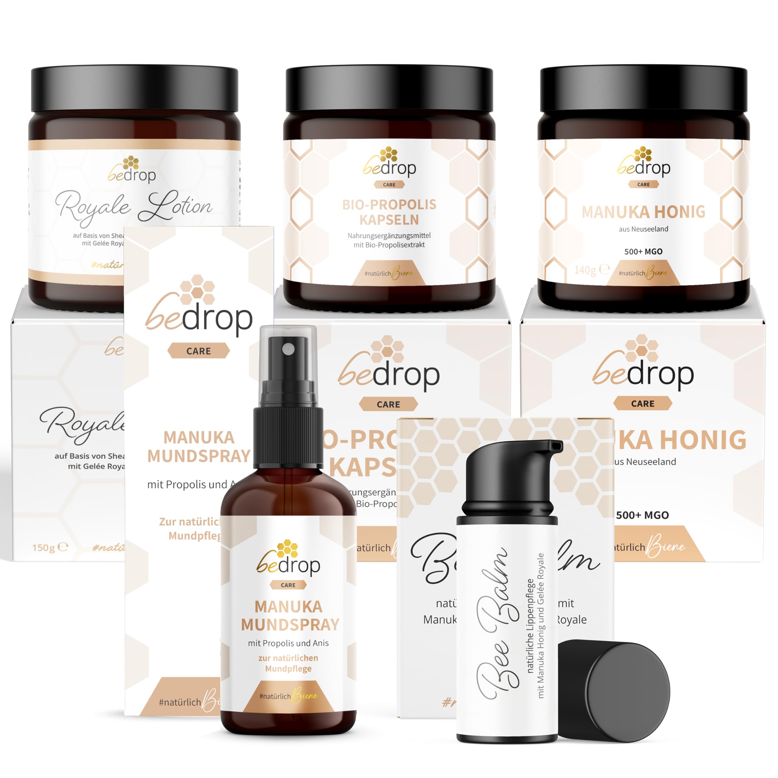 bedrop | Winter Care Set | Bee Balm, Propolis Kapseln, Royale Lotion, Manuka Honig 140g & Manuka Anis Spray für das Wohlbefinden