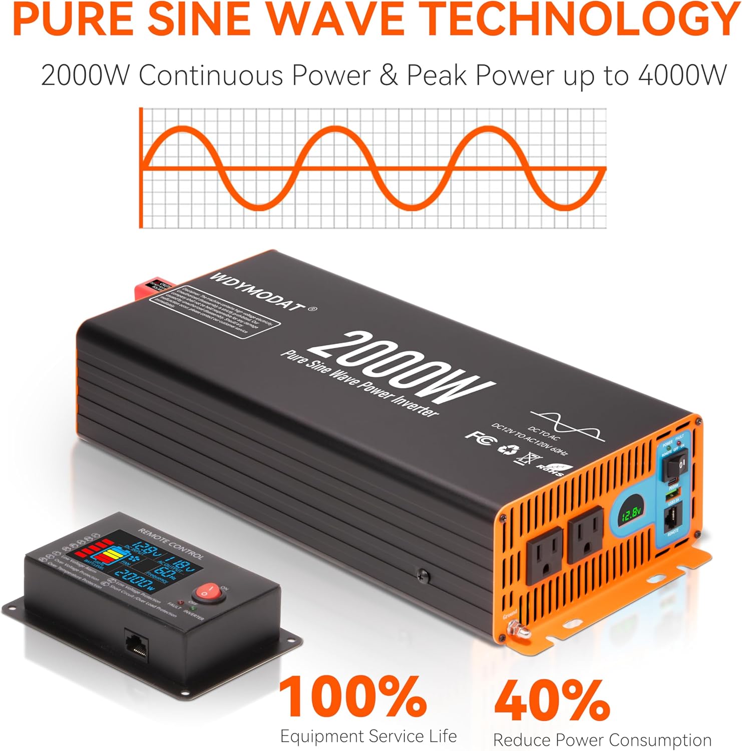 2000W Pure Sine Wave Inverter,12V DC to 120V AC Car Power Inverter 4000W Peak with 2AC Outlets, 3.0A USB and Type-C, LCD Display 16.5 ft Remote Control for RV Truck Travel Solar Emergency