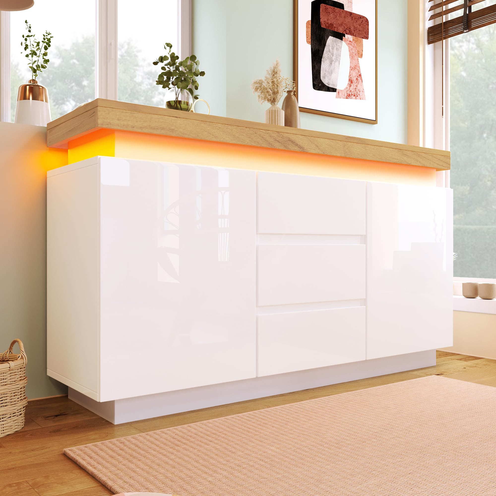 Kayan Kommode, Hochglanz Sideboard mit 2 Türen und 3 Schubladen, LED Beleuchtung (App Control), Mehrzweckschrank für Wohnzimmer und Schlafzimmer, 140 x 39 x 81 cm, Weiß