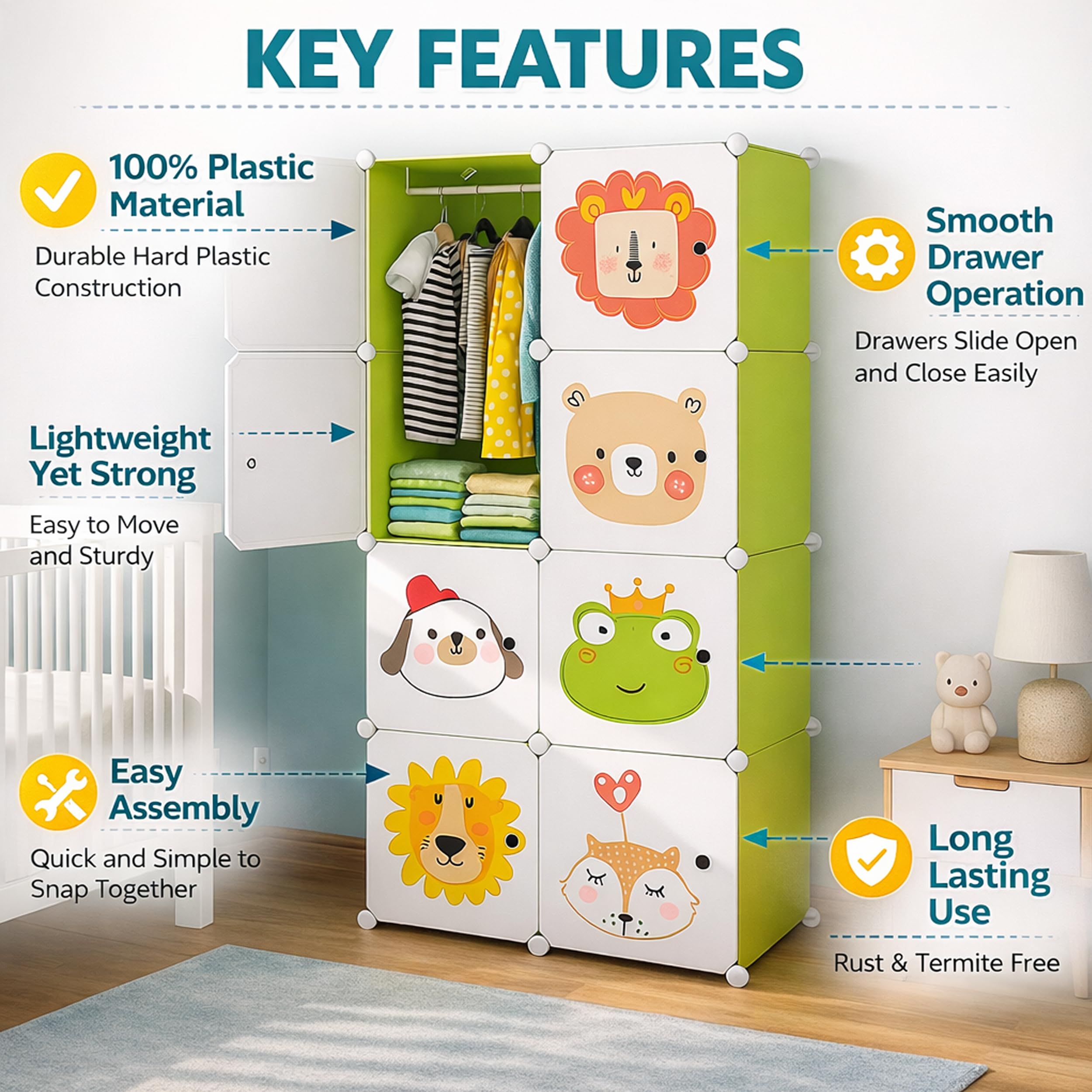 AYSIS Kids Plastic Collapsible Wardrobe Organizer for Storage | Cute Cartoon Design | Heavy Duty Cloth Organizer for Storage | Easy to Assemble | Perfect for Kids Room & Home | Green 2