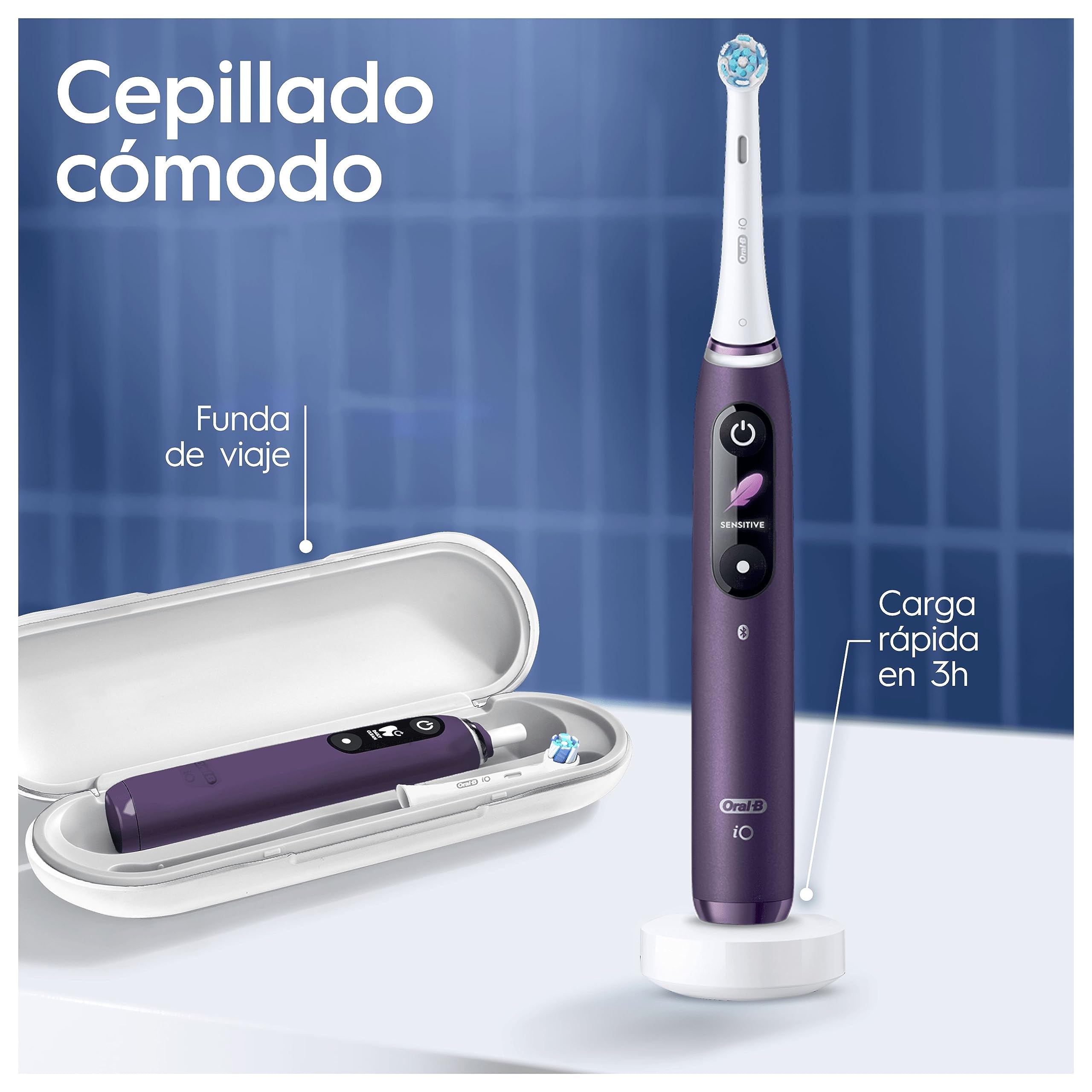 Oral-B iO 8N Cepillo de Dientes Eléctrico con Mango Recargable, 2 Cabezales y Estuche de Viaje, Diseñado por Braun - Violeta
