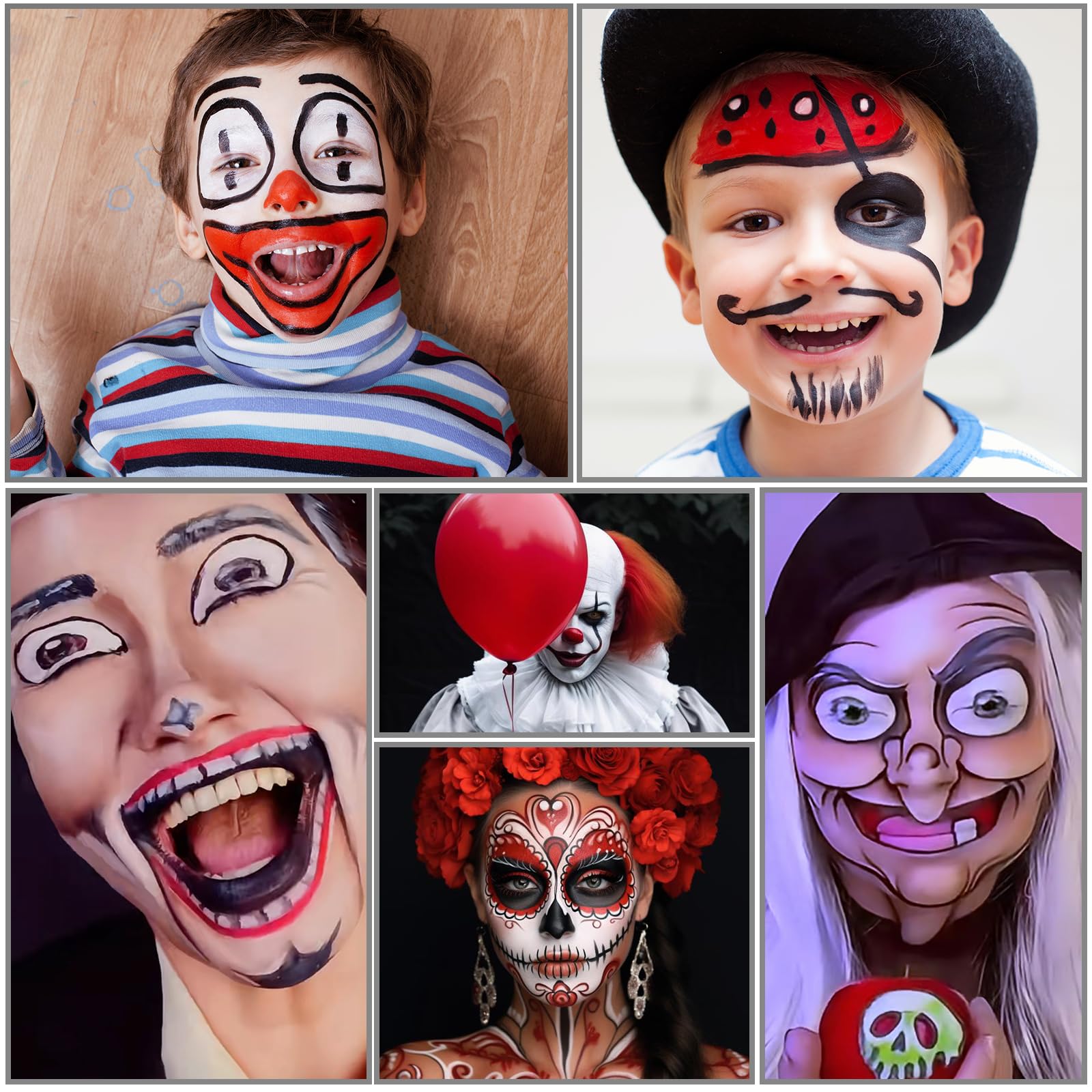 Halloween Malowanie twarzy (czarny, biały i różowy) z 3 pędzlami, można prać w wodzie, do teatru, imprez, imprez szkolnych, karnawałów, klaunów, szkieletów, zombie