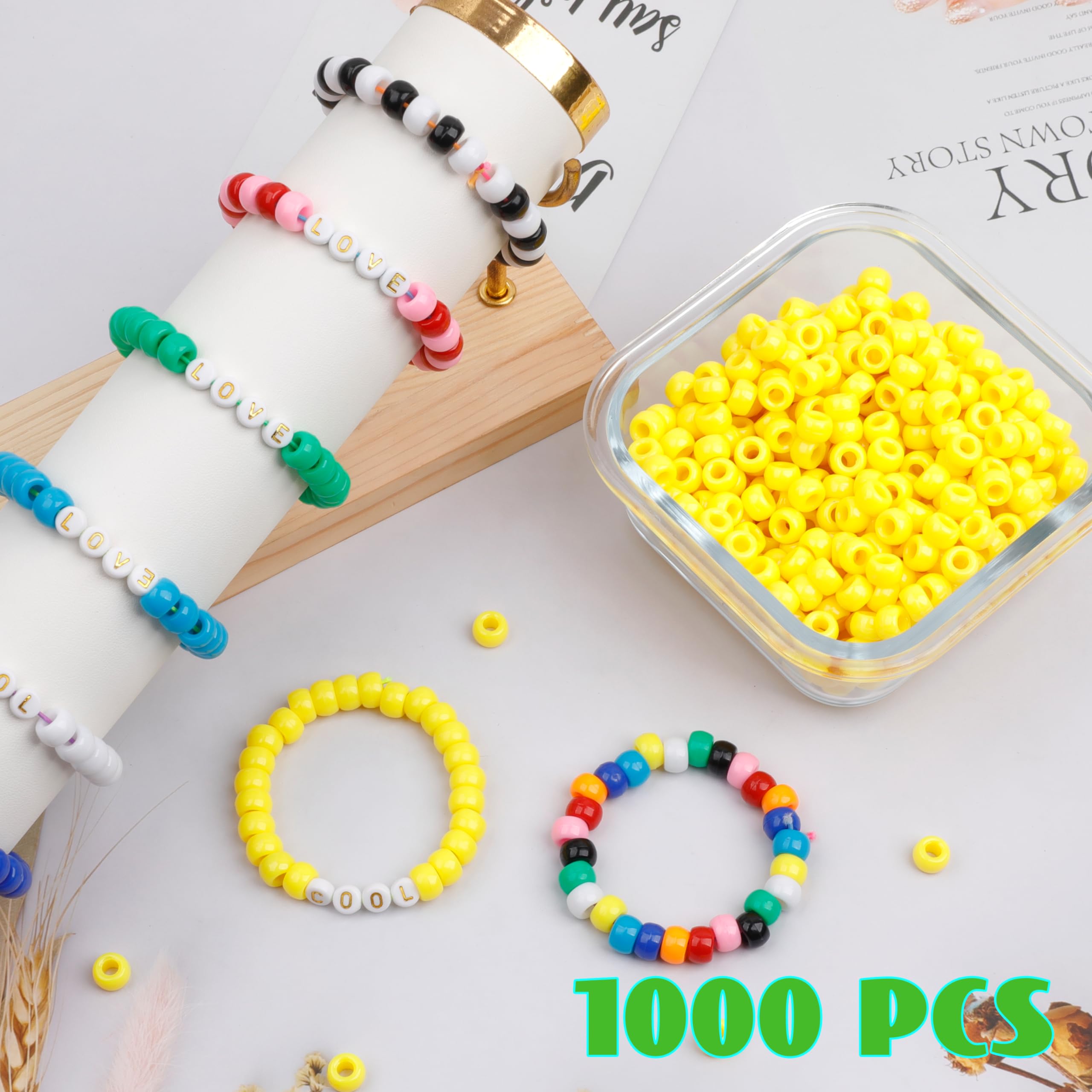 Auvoua 1000Pcs Pony Beads Bracelet 9mm Yellow Plastic Barrel Pony Beads for Necklace,Hair Beads for Braids,Key Chain,Jewelry Making (Yellow) - Image 4