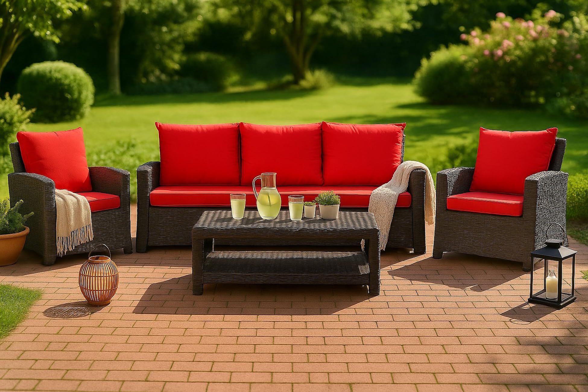 SET Coussins de jardin en rotin 4-5 places – Pour canapé, chaise à bascule et salon, confortables pour intérieur et extérieur, polyester - imperméable (rouge, 160x60x50 cm / 2x 50x56 cm)