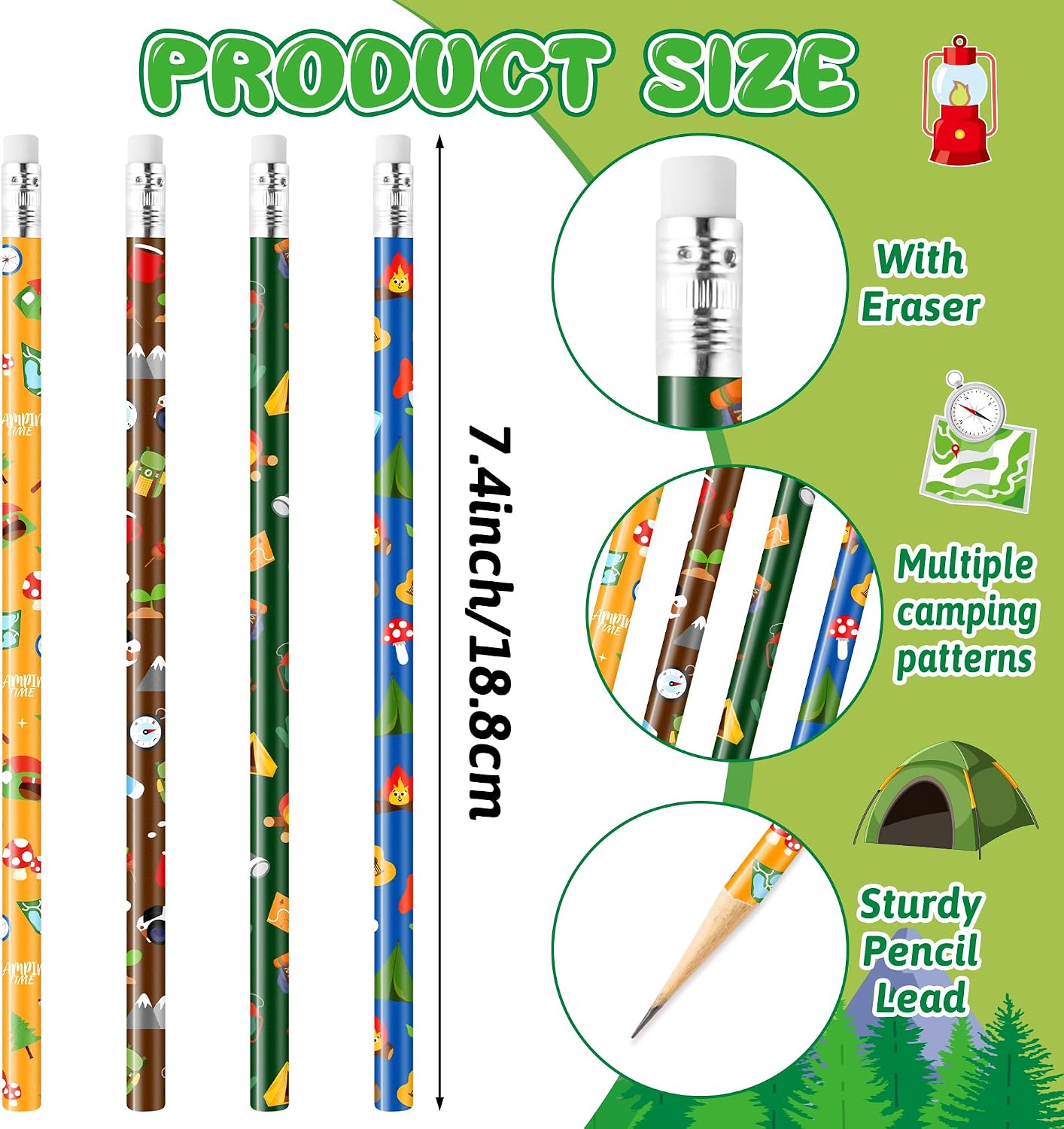 Xqumoi 60Pcs Camping Pencils with Erasers - 4 Designs #2 HB Pencils in Bulk Outdoor Camping Patterns Themed Stationery School Classroom Rewards Goodie Bag Fillers Stuffers Birthday Party Favors image 2