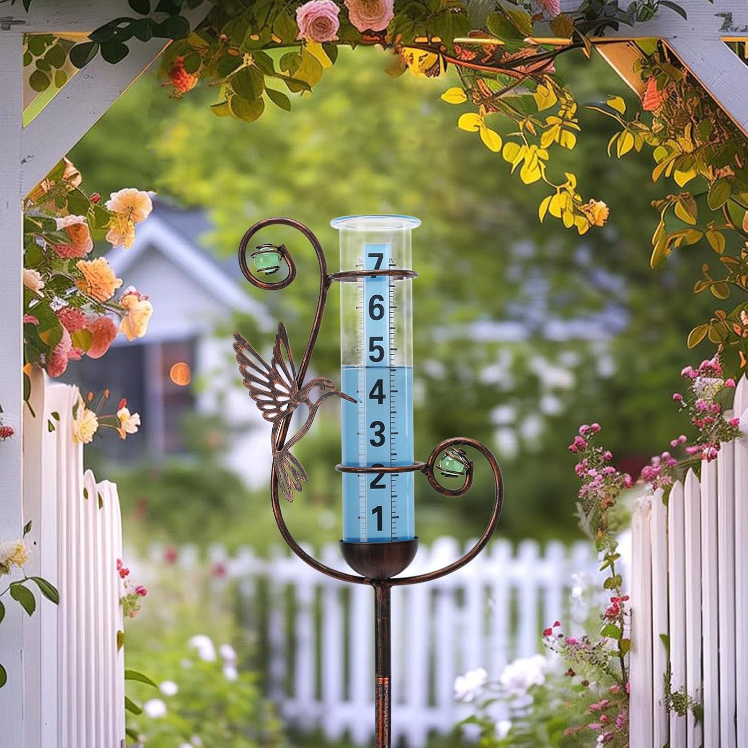 WONDER GARDEN Rain Gauge Outdoor, Decorative Hummingbird Rain Gauges Outdoors Best Rated, Freeze Proof Glass Water Rain Measure Gauge with Green Bead for Yard Patio Lawn Decor