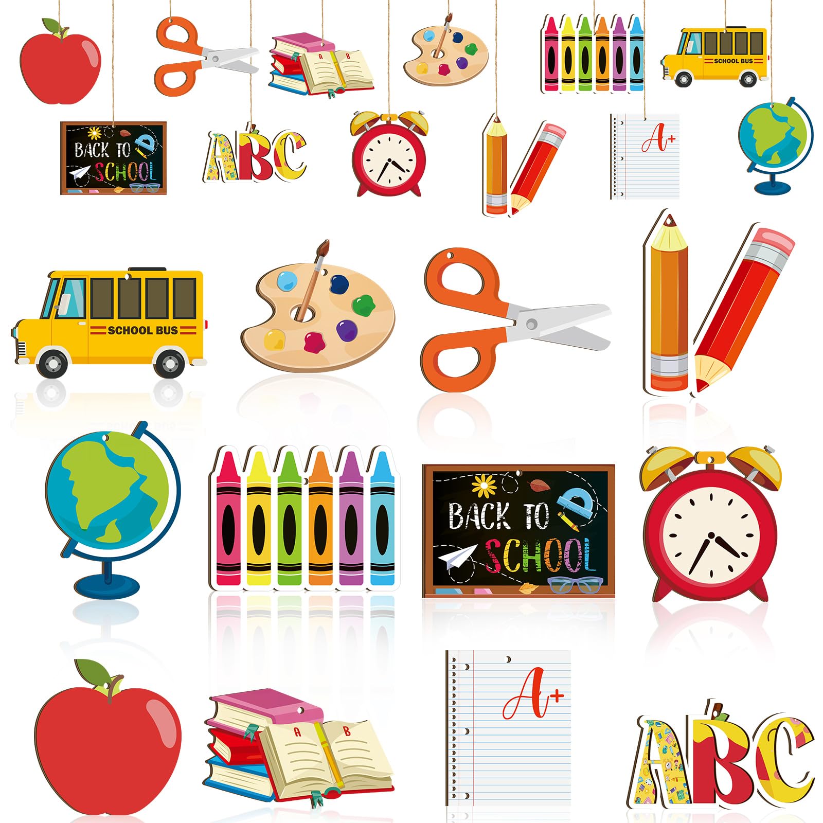 Purpeak 36 Pcs Back to School Hanging Ornaments Wooden Back to School Tree Decorations Book Pencil Bulletin Board Cutouts Wood Pendant Ornament for Tree Classroom Window Party Decor(Cute Style)