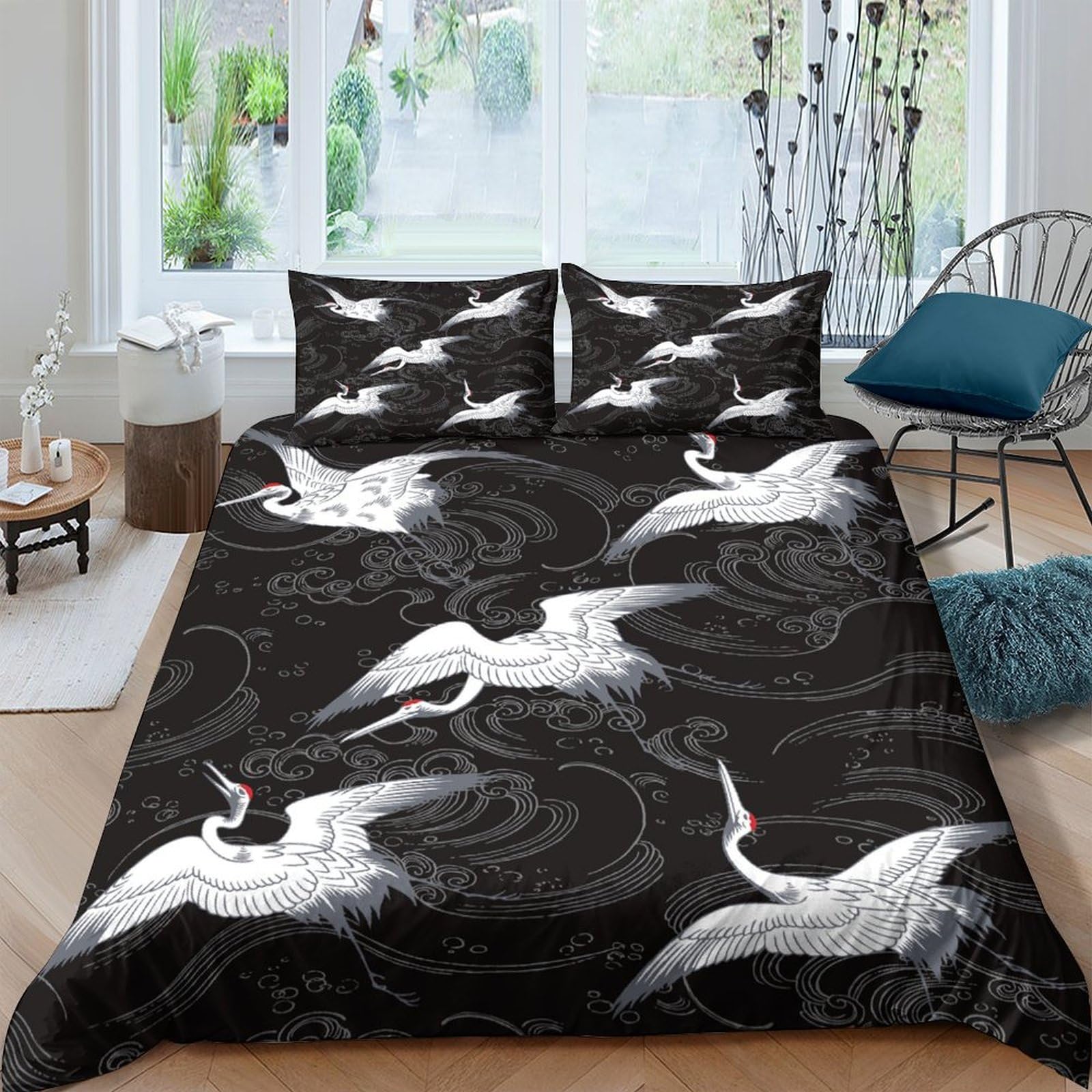 Ctjqhvkz Style-5 3D Printed Black Crane Art Fitted Sheet Microfiber Soft Breathable White Bird Bed Cover Bedroom Decor Single（135X200cm）