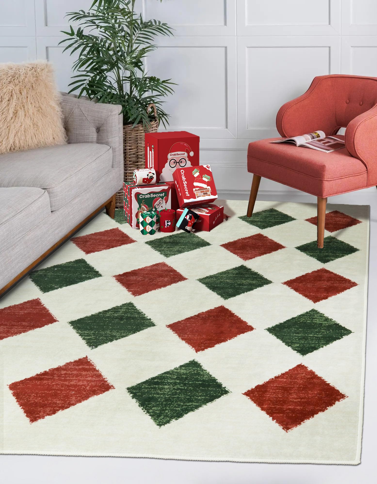 Lahome Christmas Area Rug 5x7 Washable Living Room Rug, Large Soft Bedroom Rug, Checkered Moroccan Non Slip Non Shedding Low Pile Accent Print Indoor Carpet for Winter Dining Room Decor, Red/Green