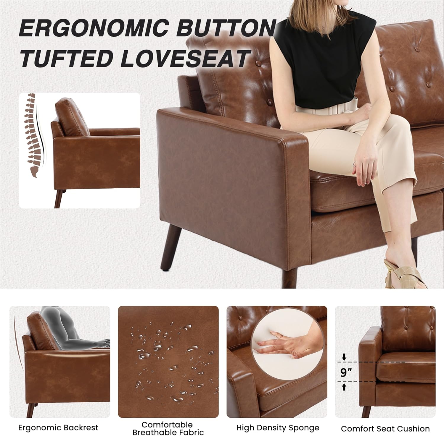HNY Mid Century Modern 53" Loveseat Sofa, Comfy Upholstered Button Tufted Faux Leather 2 Seater Couch, Lounge Sleeper Love Seats for Small Spaces Living Room Apartment Bedroom, Brown