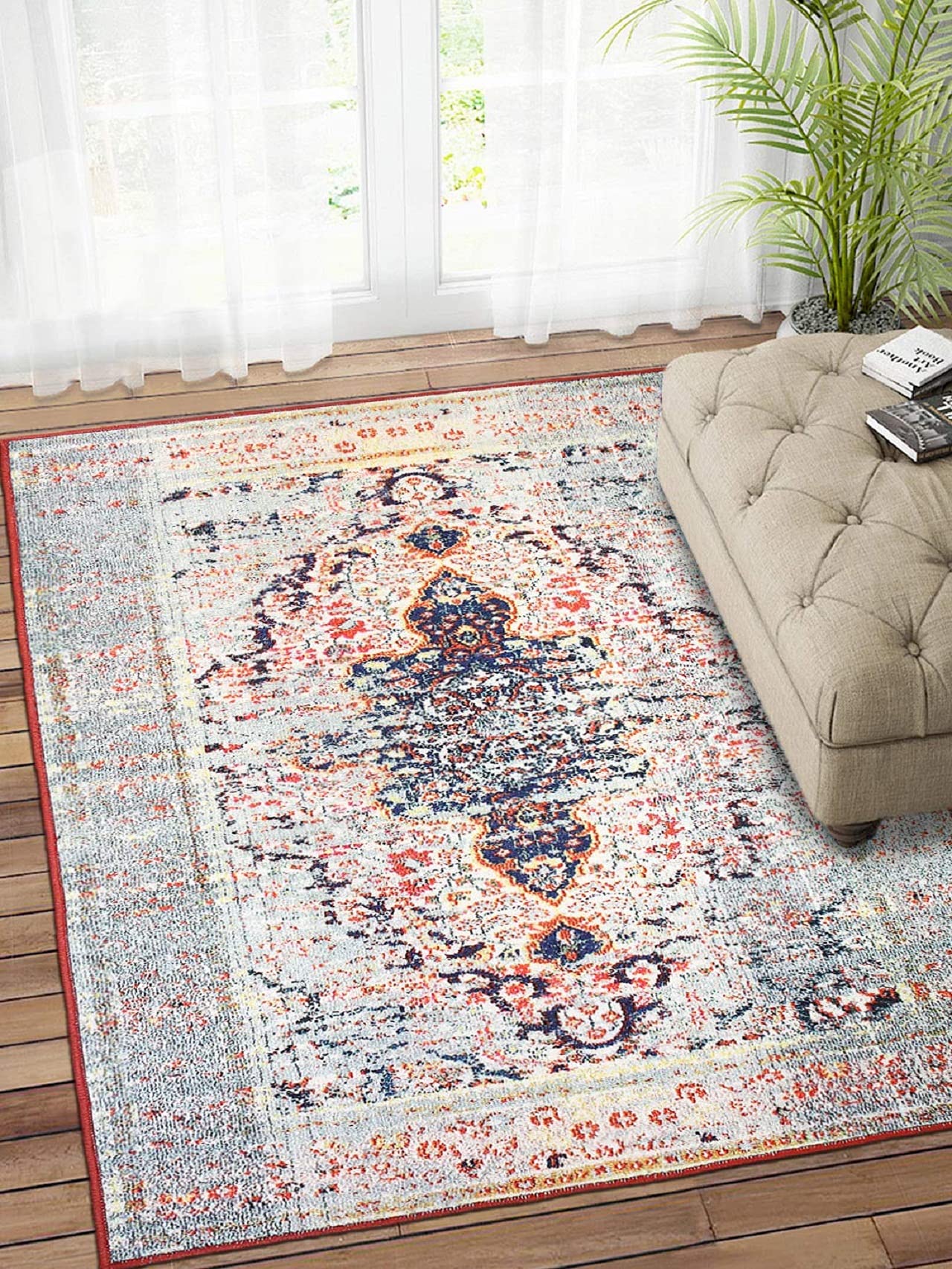 Status Contract Nylon Multi Printed Vintage Persian Carpet Rug Runner for Bedroom/Living Area/Home with Anti Slip Backing (4 X 6)