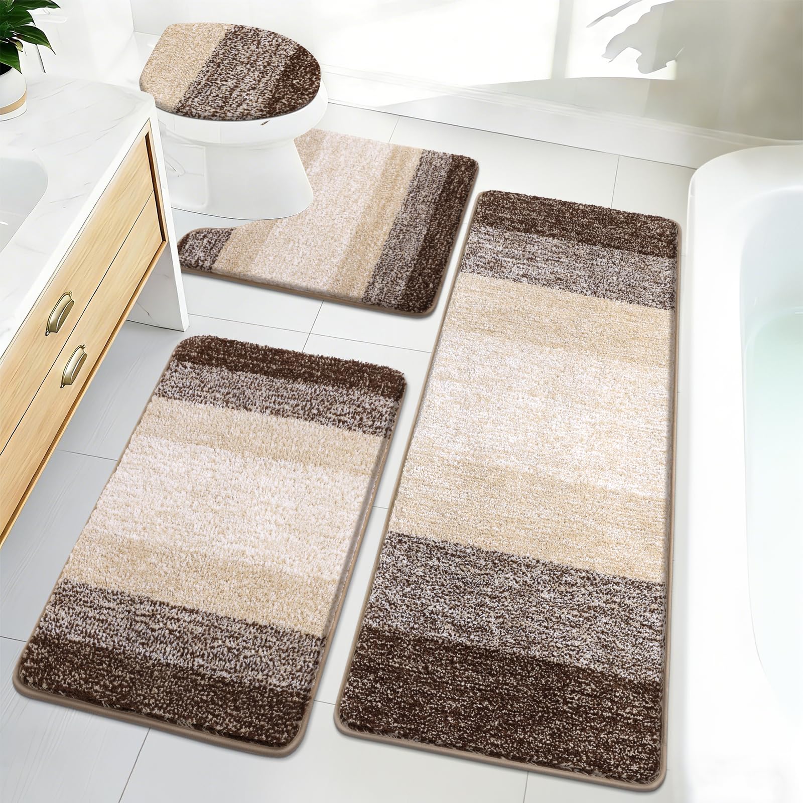 Bsmathom Bathroom Rugs Sets 4 Piece with Toilet Cover, Plush Shaggy Bathroom Rugs Non Slip Washable, Absorbent Microfiber Bath Mat Set with U-Shaped