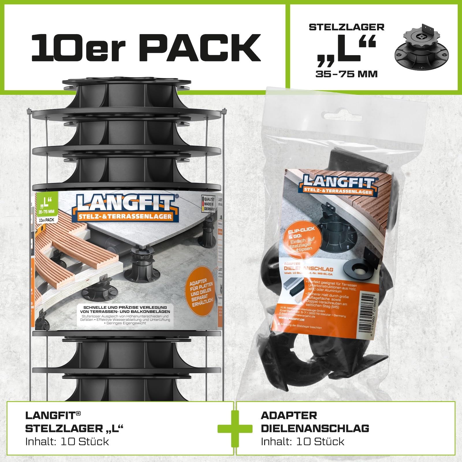 10x LANGFIT® Stelzlager "L" für Terrassendielen – Bis 50% schneller montiert – Mit Maßskala – Stufenlos höhenverstellbar von 35-75mm – Für Unterkonstruktionen aus Holz, WPC, Alu – Made in Germany