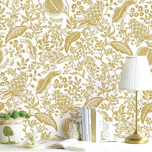 Papel tapiz de contacto floral bohemio dorado y blanco de 17.7 x 118.1 pulgadas, papel tapiz vintage con flores de frutas para despegar y pegar para