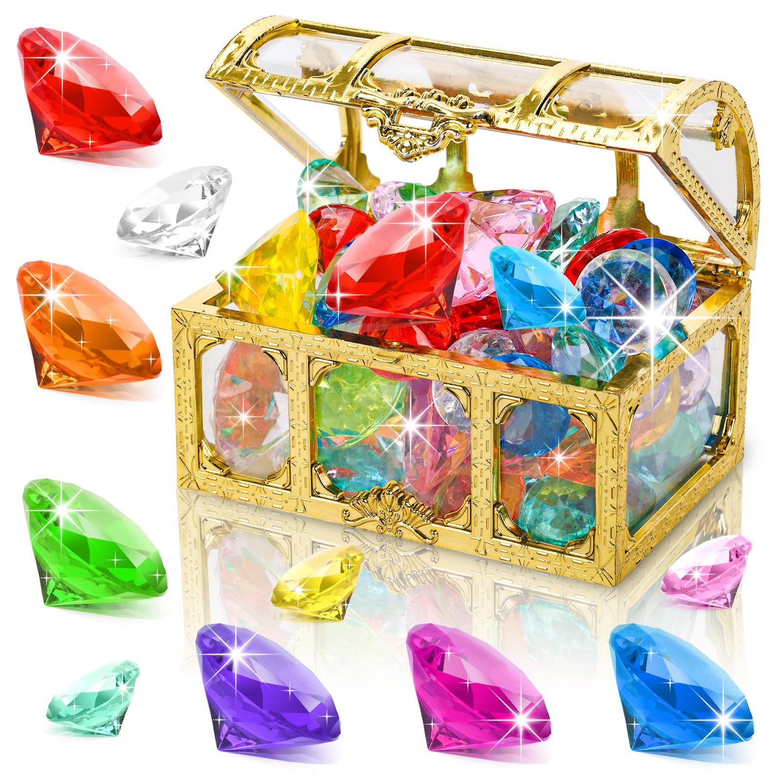 VGOODALL 20PCS Diving Gem Pool Toy, Colourful Diamonds Set Gem with Treasure Pirate Chest Box Summer Swimming Toys Dive Throw Underwater for Game Gift Boys and Girls