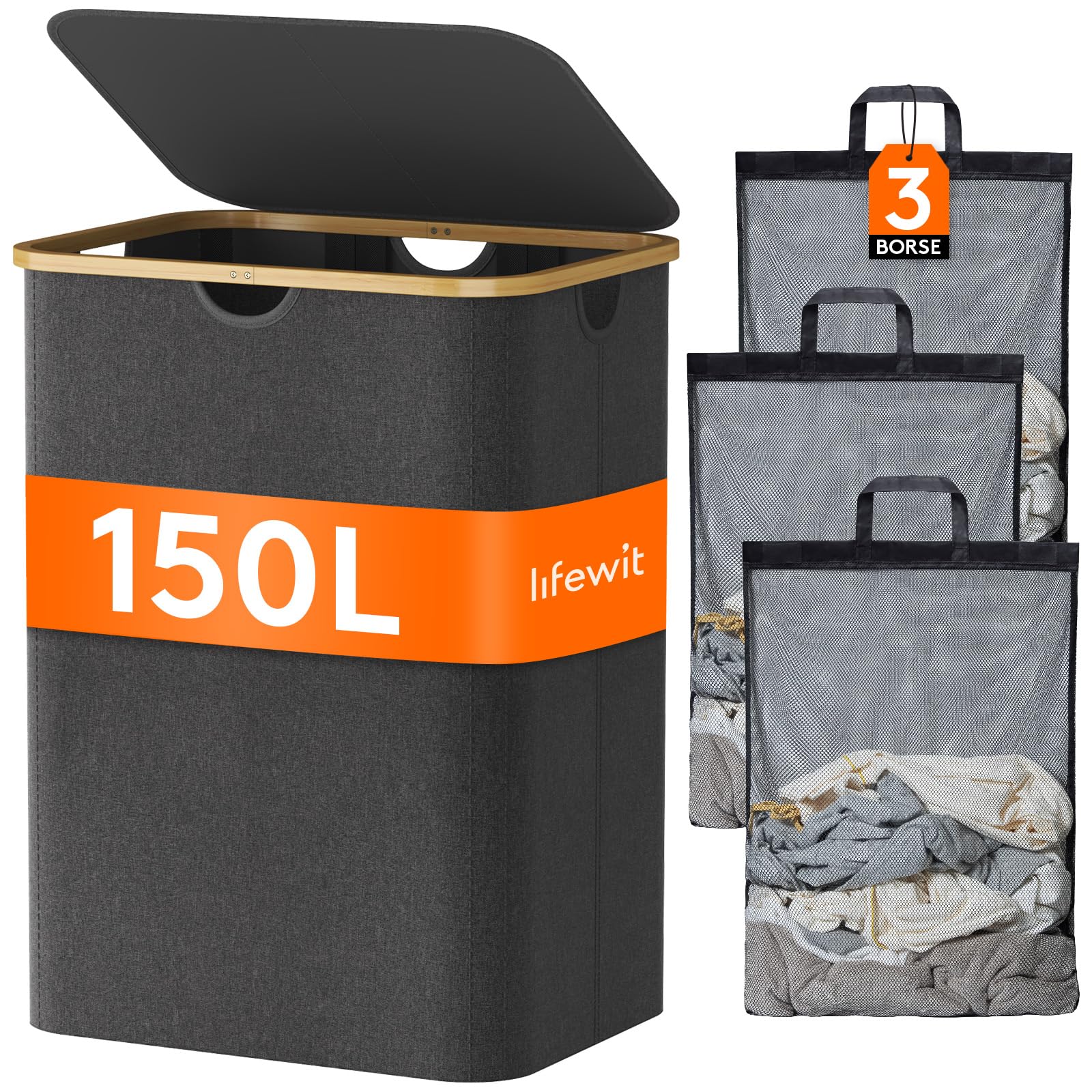 Lifewit 150L Cesto Portabiancheria 3 Scomparti, Cesta Biancheria Sporca con Manici Bambù, Cesto Panni Sporchi con 3 Sacco, Cesto Lavanderia, Porta Biancheria Sporca per Bagno, Grigio Scuro