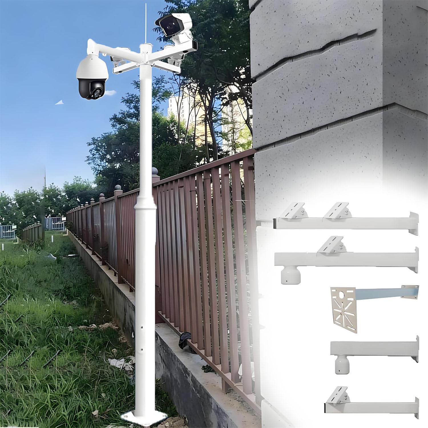 Palo per telecamera di sicurezza in metallo con 4 bracci di montaggio, staffa verticale da 2,5 m per sorveglianza, uso industriale commerciale domestico esterno