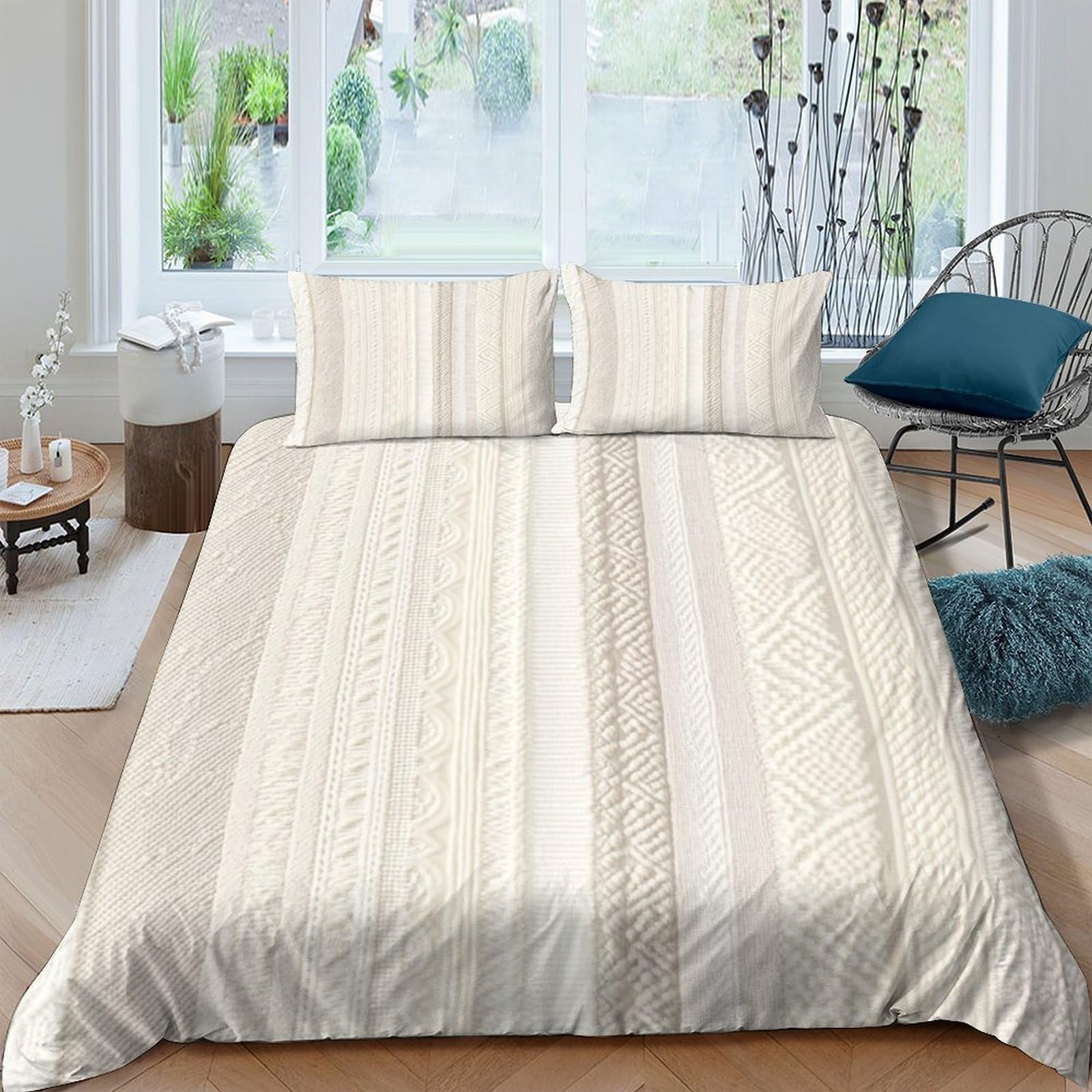 GPLZQXKJNH 3D Printed Beige Striped Duvet Cover Microfiber Soft Bedding Set with 2 Pillowcases for Bedroom Home Decor Single（135x200cm）