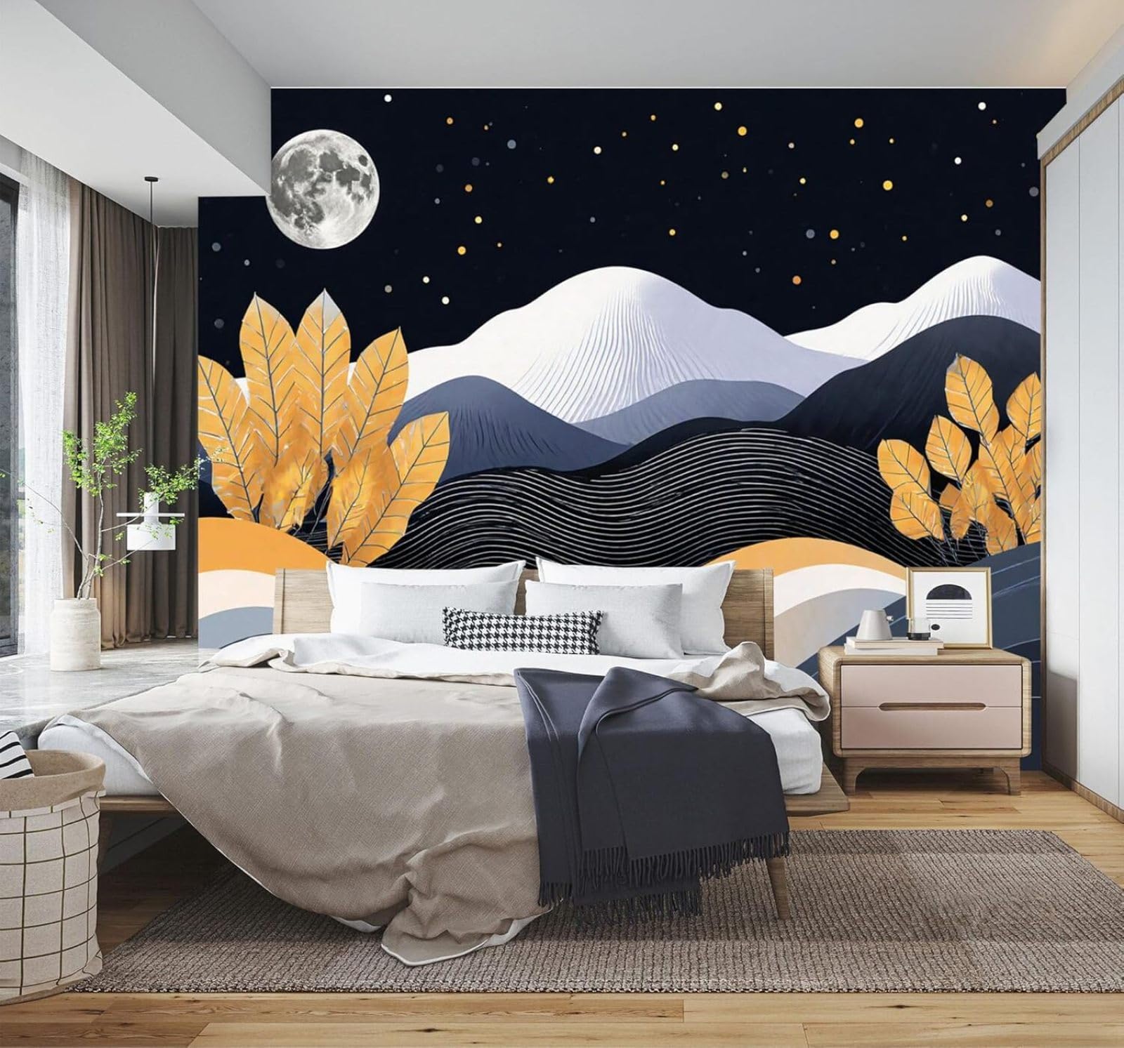 3D Carta da Parati Cielo Stellato Luna Foglie Dorate Colline Paesaggio