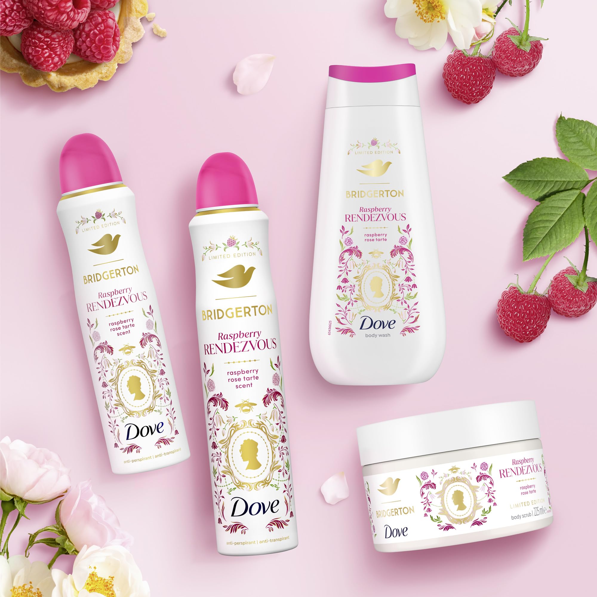 Dove Scrub Corpo Bridgerton Raspberry Rendezvous, Limited Edition, con Detergenti a Base Vegetale e ¼ di Crema Idratante, Note di Lampone e Vaniglia, Senza Solfati, 4 Confezioni da 225 ml
