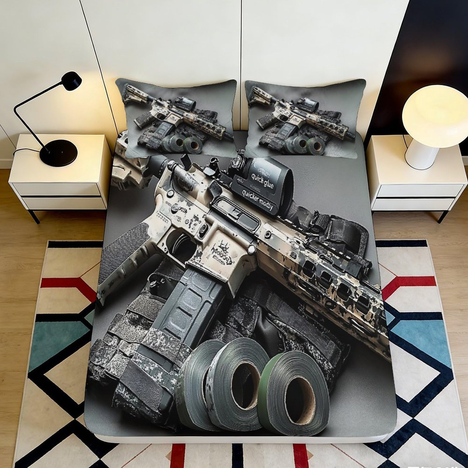 3D Printed Tactical Rifle Fitted Sheet Microfiber Anti-Slip Camouflage Bed Cover for Bedroom Dorm Decor, Easy Care 90x200x25cm