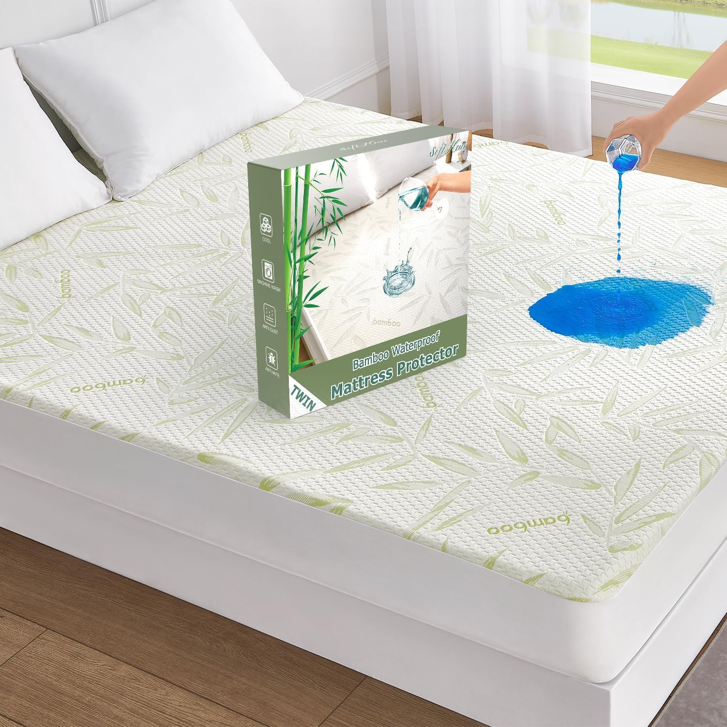 Mattress Protector - Protector de colchón tamaño individual, impermeable lavable de rayón de bambú, transpirable y silencioso, ajuste profundo elástico para colchones de 13 a 53 cm