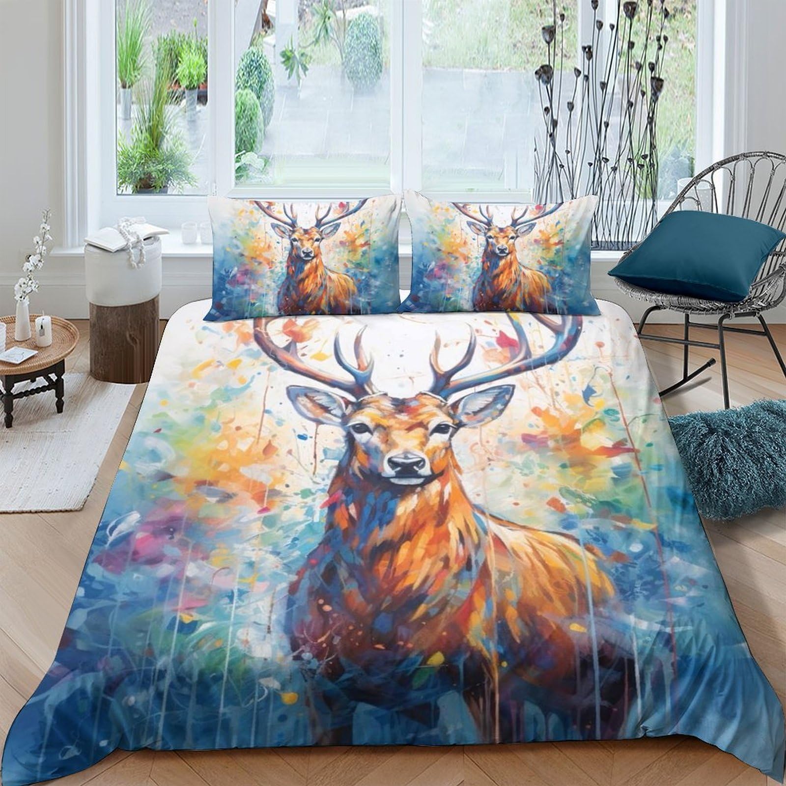Ctjqhvkz Style-9 3D Printed Watercolor Stag Fitted Sheet Microfiber Soft Breathable Autumn Forest Mattress Cover For Bedroom Dorm Decor Single（135X200cm）