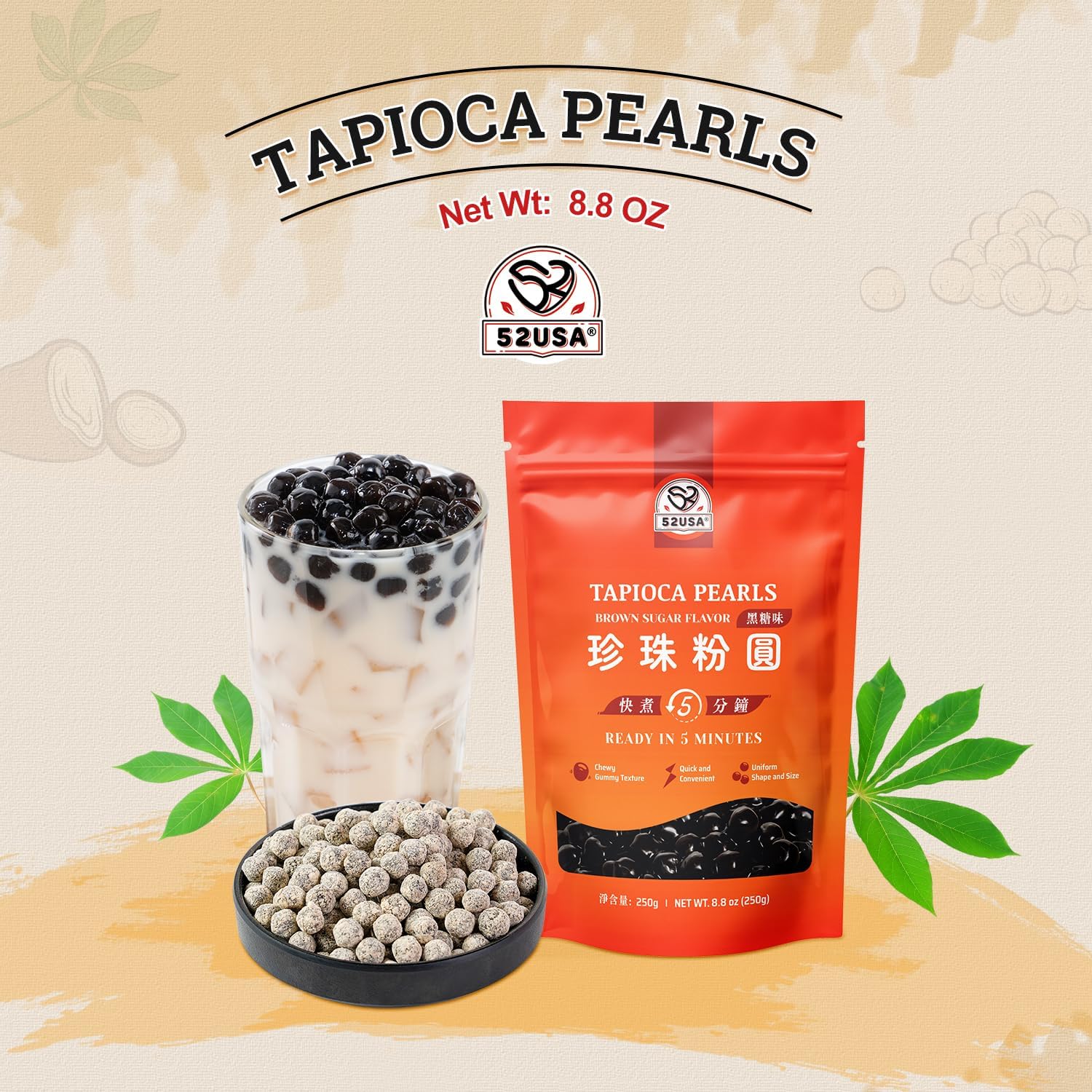 52USA Boba Tapioca Perla Sapore Di Zucchero Nero Fresco Bubble Tea Perla, 250 g, Perla di Tapioca Nera per Bolle, Pronto in 5 minuti (1 pezzo)