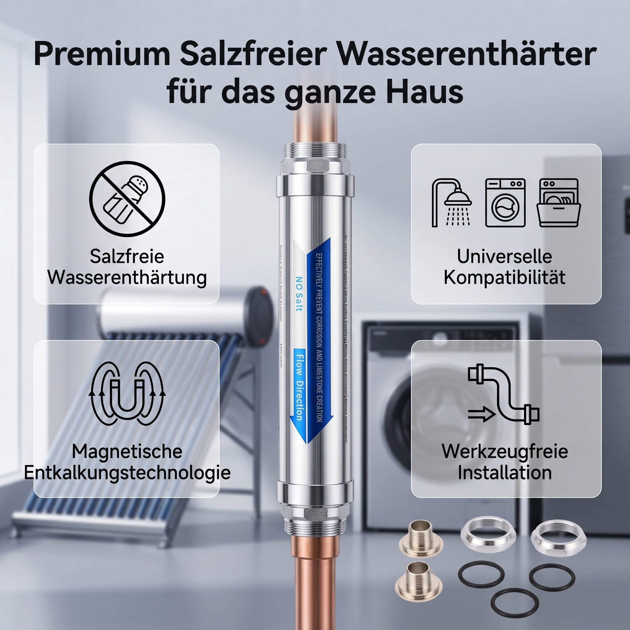 Ejoyous Kalkfilter en Acier Inoxydable, Appareil Anti-calcaire sans Sel, Adoucisseur D'eau Magnétique, Système Compact D'adoucissement de L'eau, pour la Maison, la Douche, le Lave (Acier inoxydable 2)