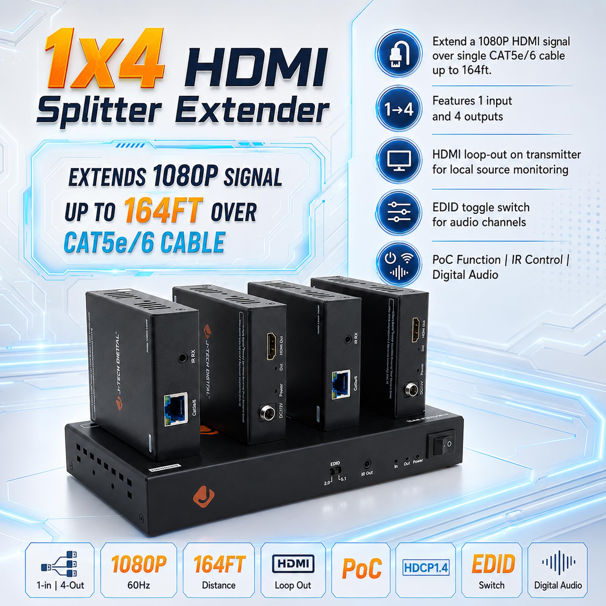 J-Tech Digital ProAV 1 x 8 HDMI Extender HDMI, amplificatore HDMI e splitter per cavo Ethernet Con BI-direzione IR e funzioni EDID, 1x4, 1
