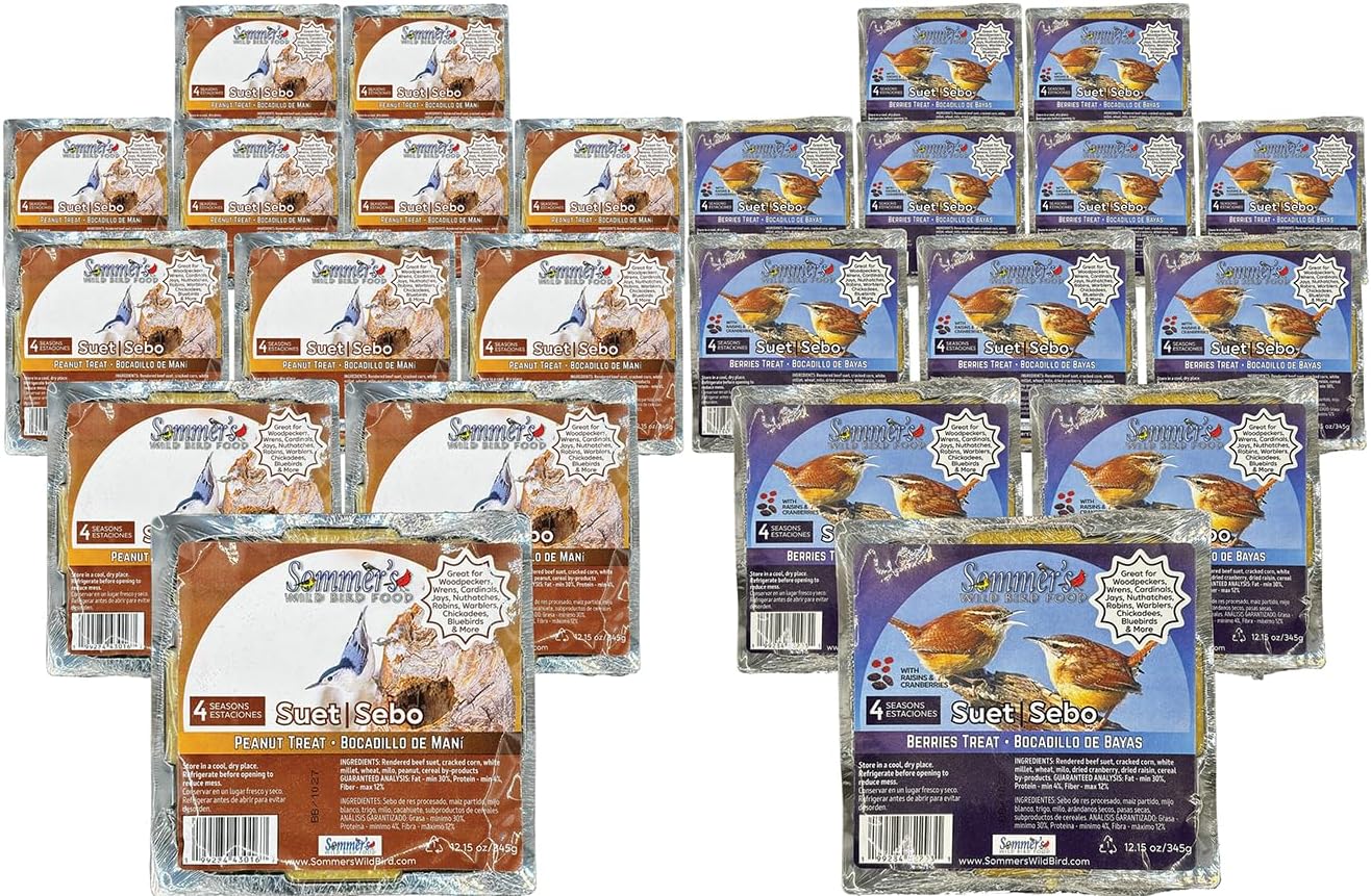 Peanut & Berries Wild Bird Suet Cakes Variety Pack – 24 Pack (12 Peanut & 12 Berries), 12.15 oz Each, No-Melt Formula,Woodpecker Favorite High Energy Suet