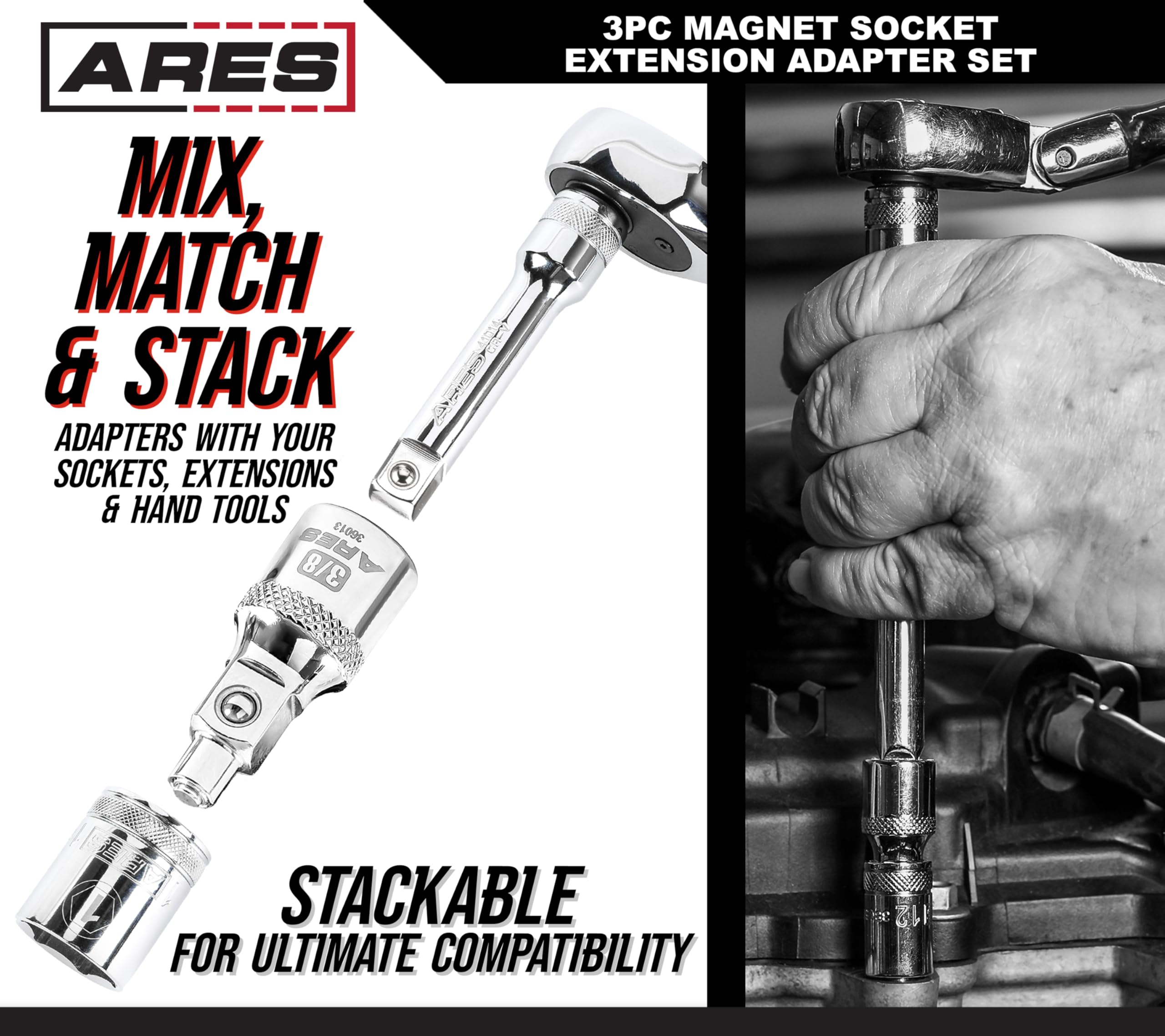 ARES 36007-Juego de adaptadores de extensión de enchufe magnético de 3 piezas, adaptadores cuentan con puntas magnéticas para uso con pernos, 1/4 pulgadas, 3/8 pulgadas y 1/2 pulgadas
