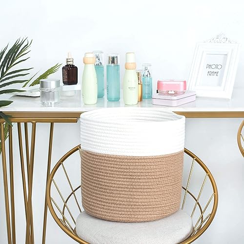 Miniatura 6 de MINTWOOD Design Cesta de cuerda de algodón de 11 x 11 pulgadas para macetas y macetas de suelo de interior, cesta decorativa redonda tejida,