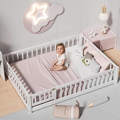 Miniatura 16 de Marco de cama Montessori de madera de tamaño individual con listones de madera, valla y puerta para niños, niñas y niños, espresso (con listones de