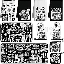 10 PCS Farmhouse Kitchen Decor Sets 4 Black White Kitchen Dish Towels 2 Oven Mitts 2 Pot Holders 2 Rugs Mats Rustic Decorations Accessories for Cooking Baking Bathroom Home Housewarming Camp Mom Gift