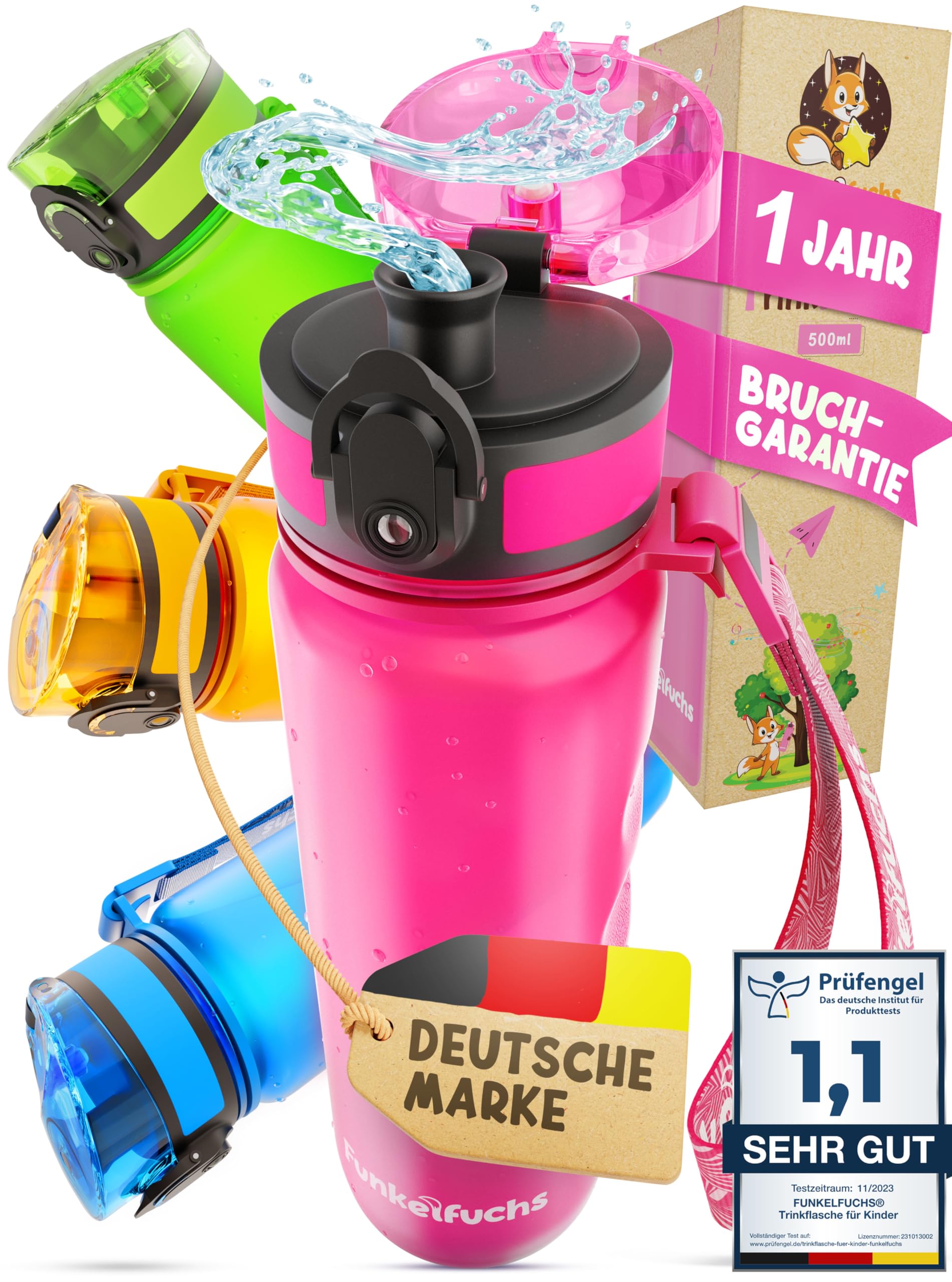 Funkelfuchs®- Trinkflasche für Kinder – 500ml, Pink – Kohlensäure geeignet - 100% auslaufsicher - Wasserflasche spülmaschinenfest - für Kindergarten, Einschulung, Schule, Sport
