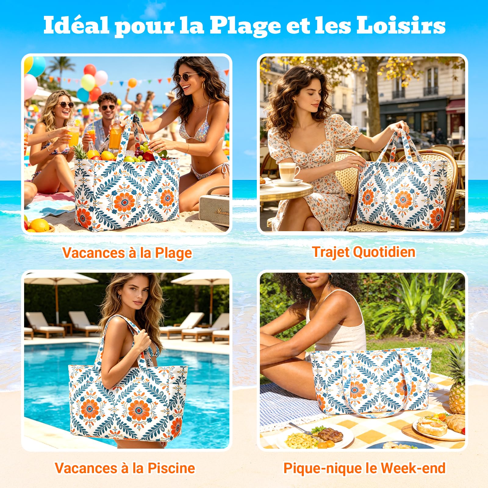 Hap Tim Grand Sac de Plage XXL Femme Famille – Sac Cabas avec Fermeture Éclair et Compartiment Mouillé, Sac Étanche Imperméable Anti-Sable, Sac de Voyage pour Vacances Piscine Sport